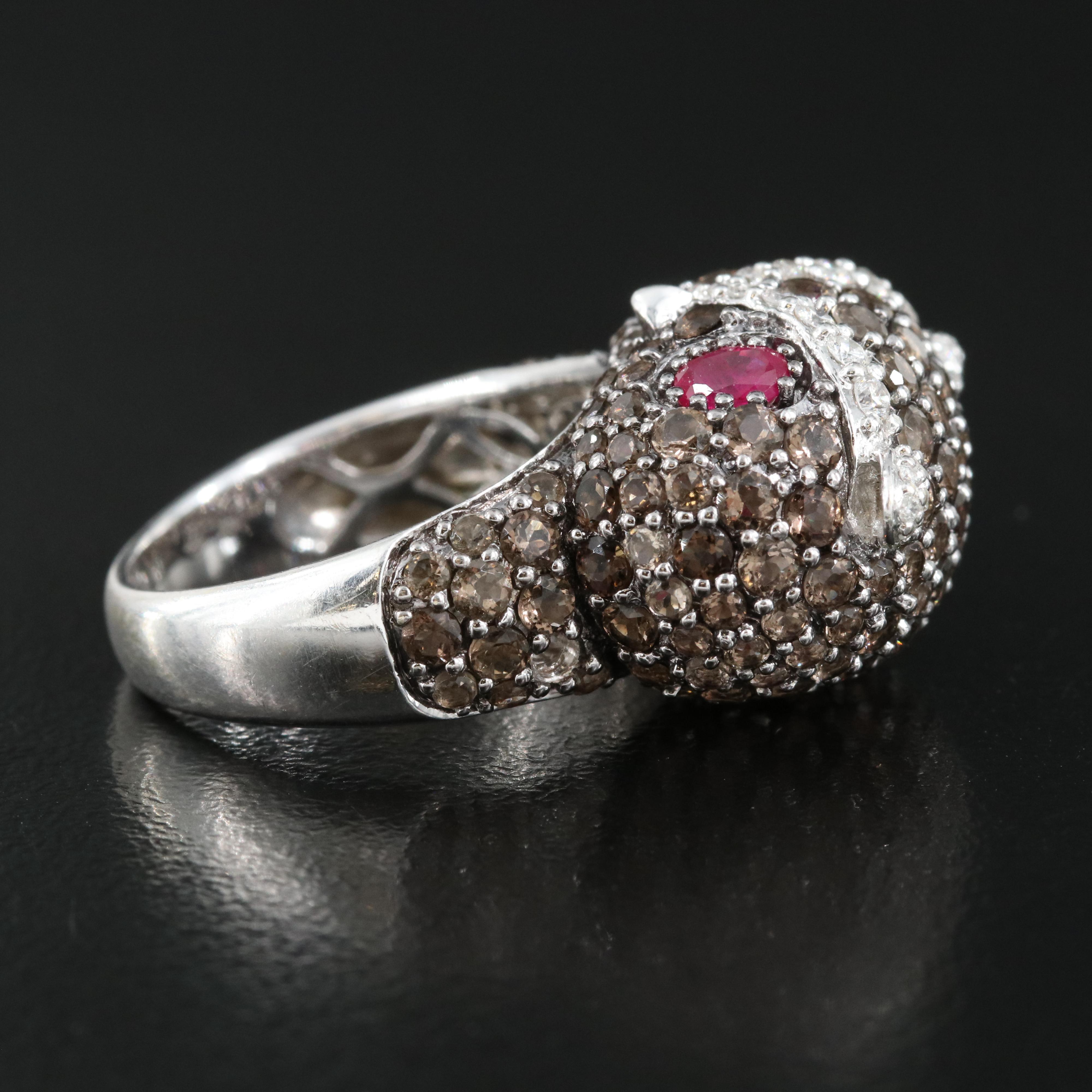 14K Ruby, Pavé Smoky Quartz and Diamond Owl Ring