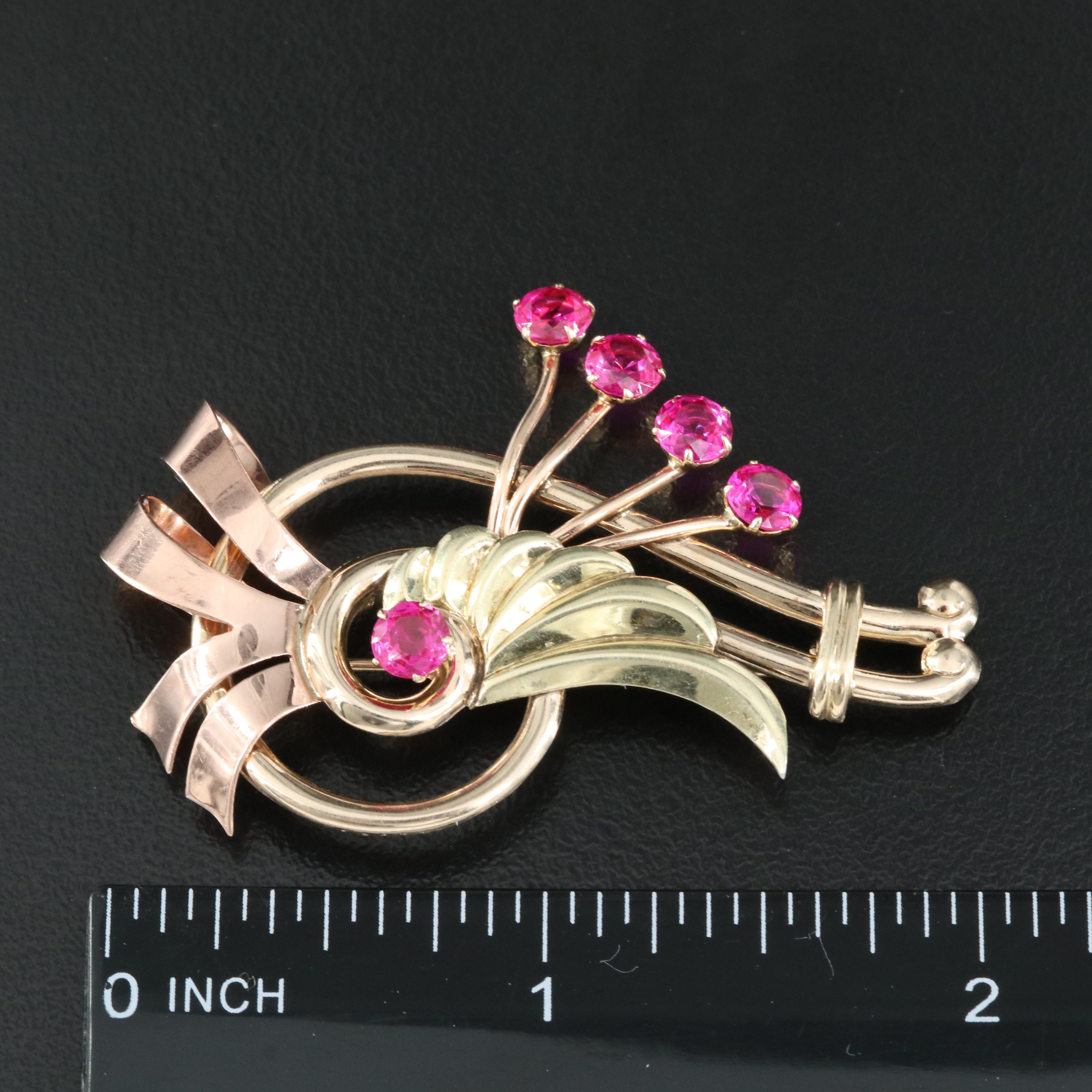 Retro 10K Ruby Brooch with Rose and Green Gold Accents