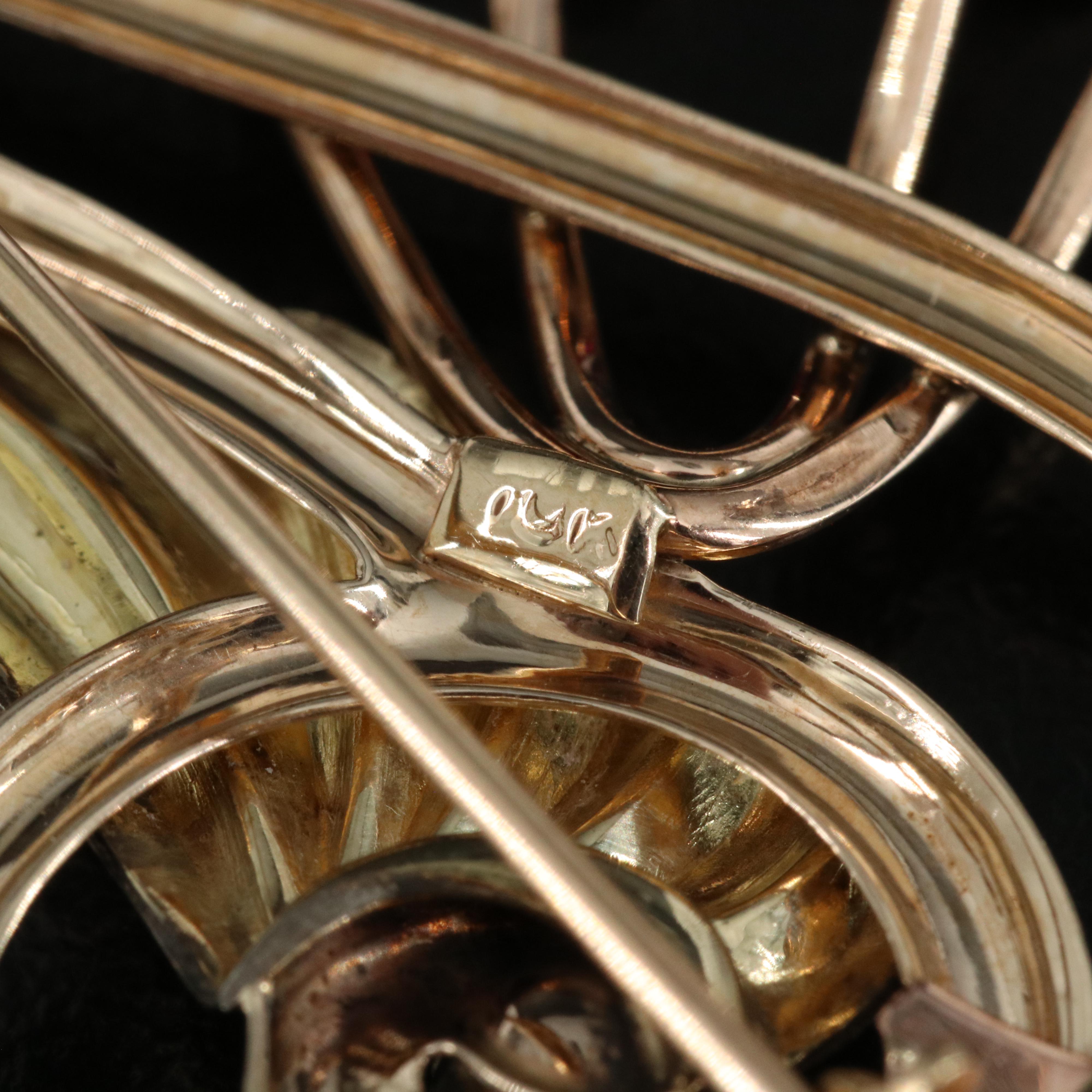 Retro 10K Ruby Brooch with Rose and Green Gold Accents