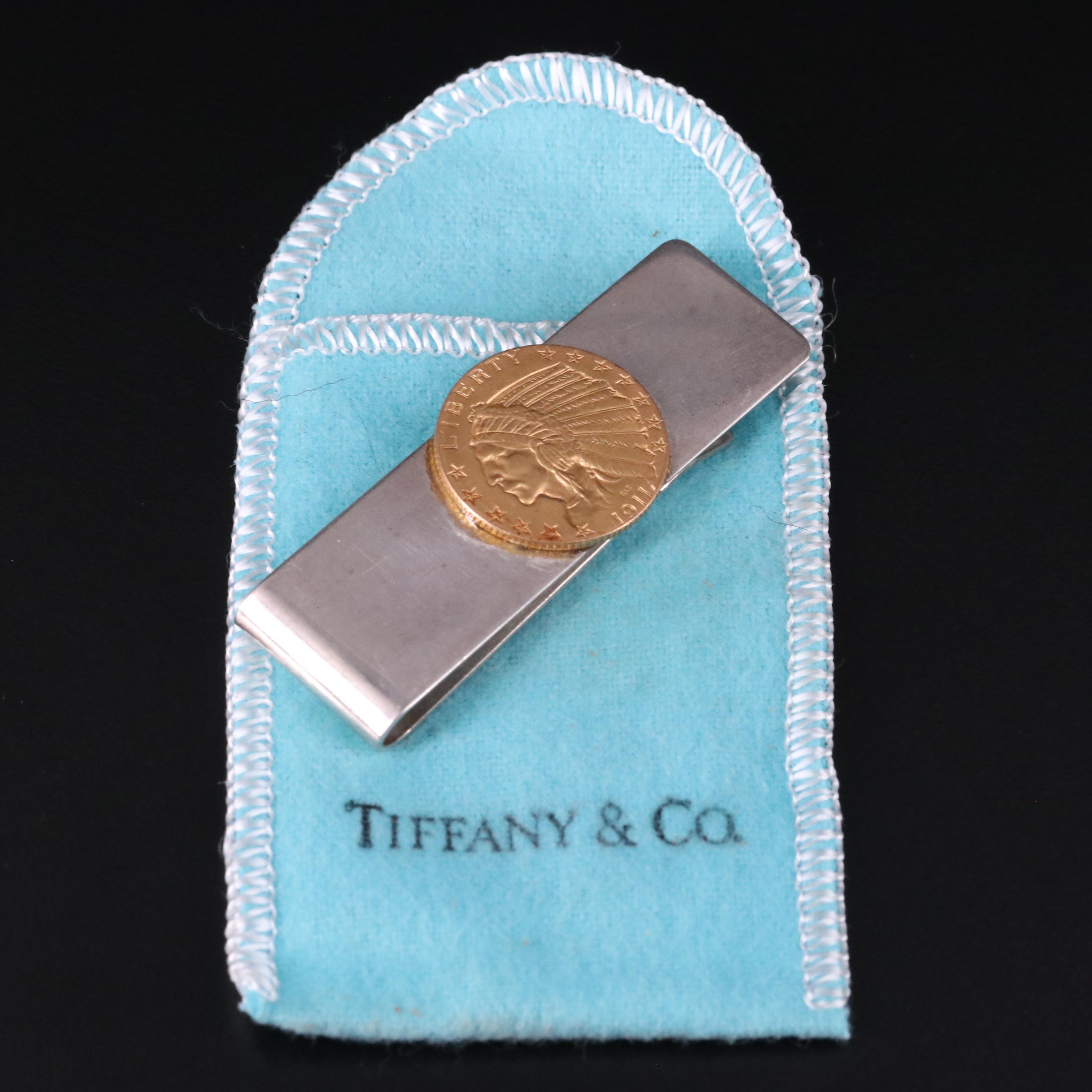 Tiffany .925 Silver Money Clip With a 1911 Indian Five Dollar Gold Coin