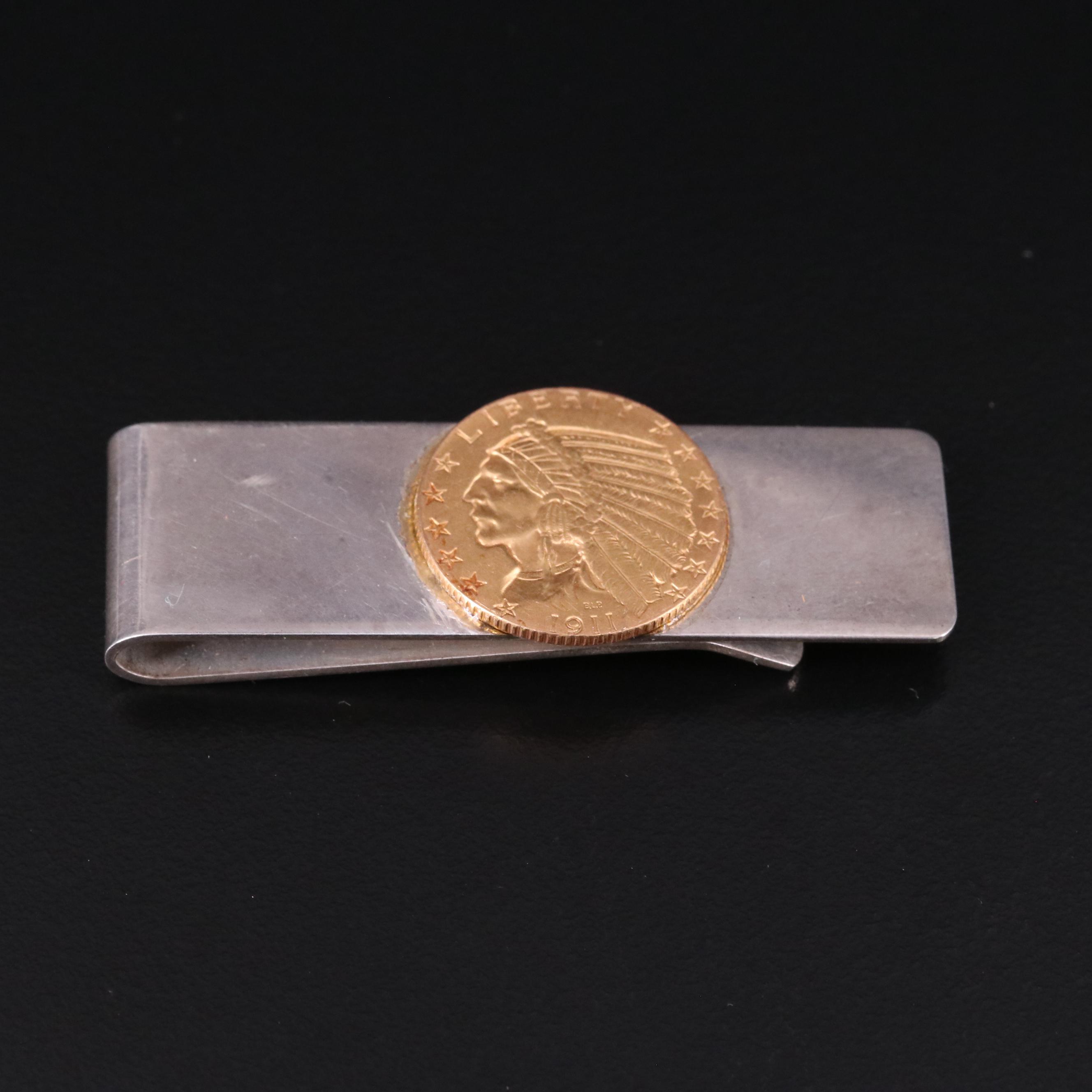 Tiffany .925 Silver Money Clip With a 1911 Indian Five Dollar Gold Coin