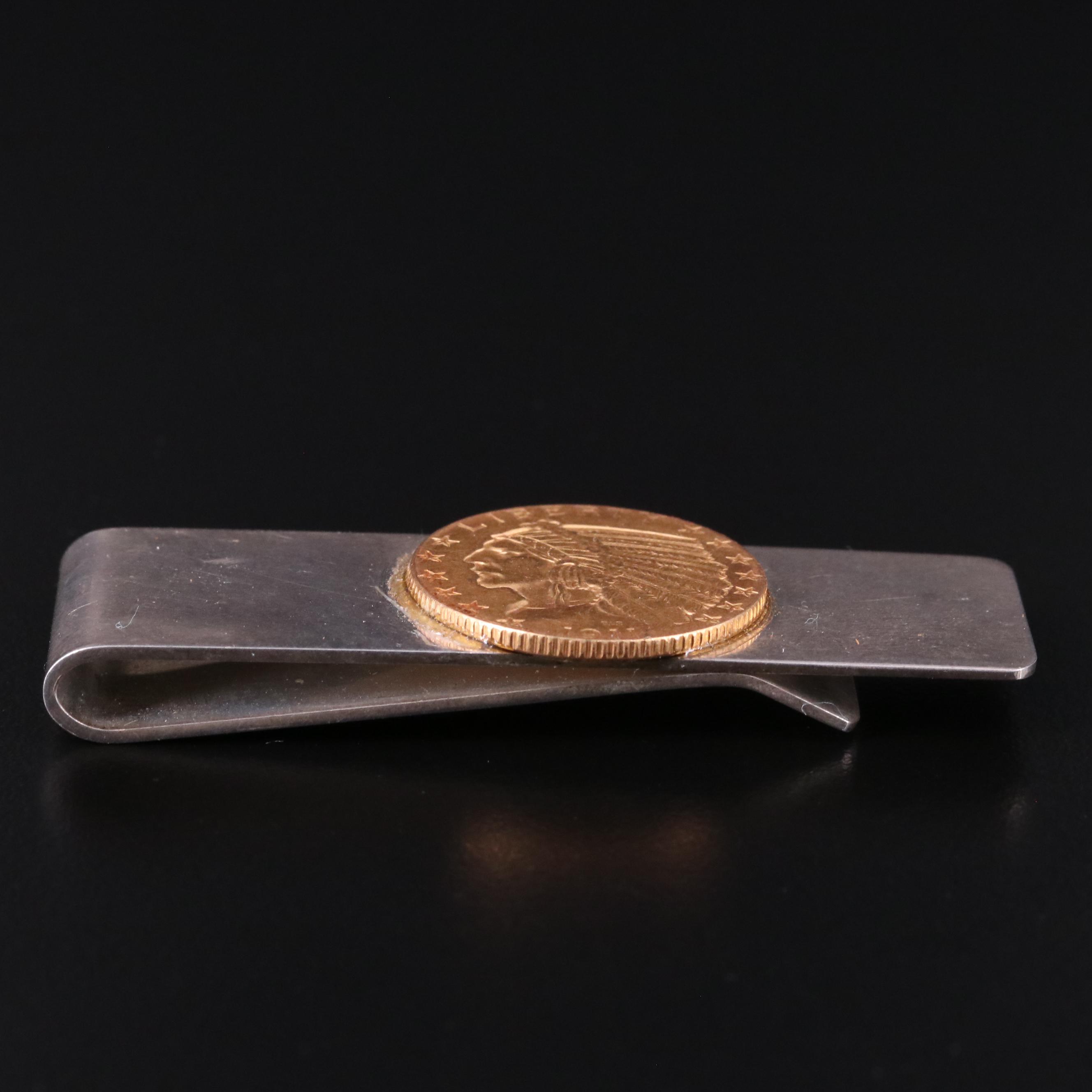 Tiffany .925 Silver Money Clip With a 1911 Indian Five Dollar Gold Coin