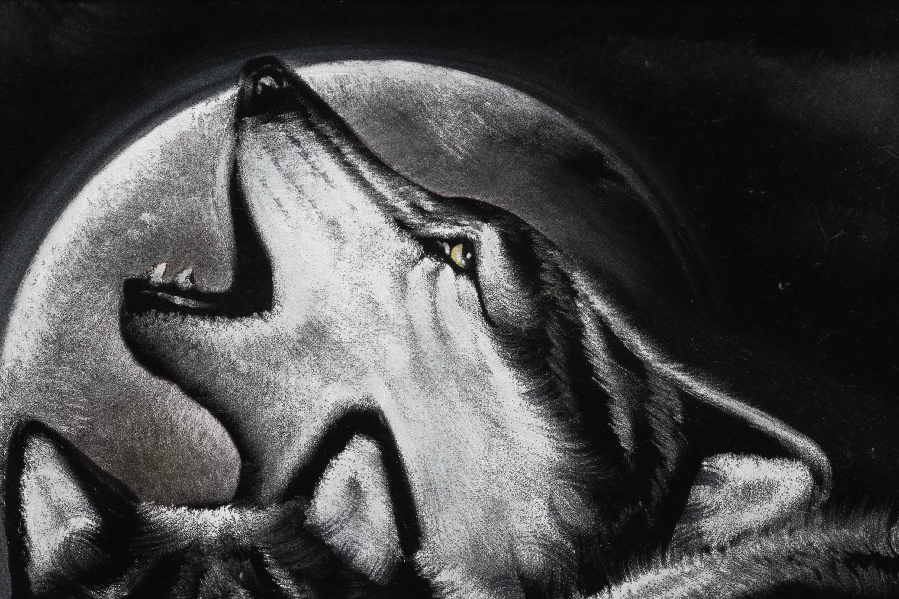 Folk Art Oil Paintings on Velvet of Wolves, Late 20th Century