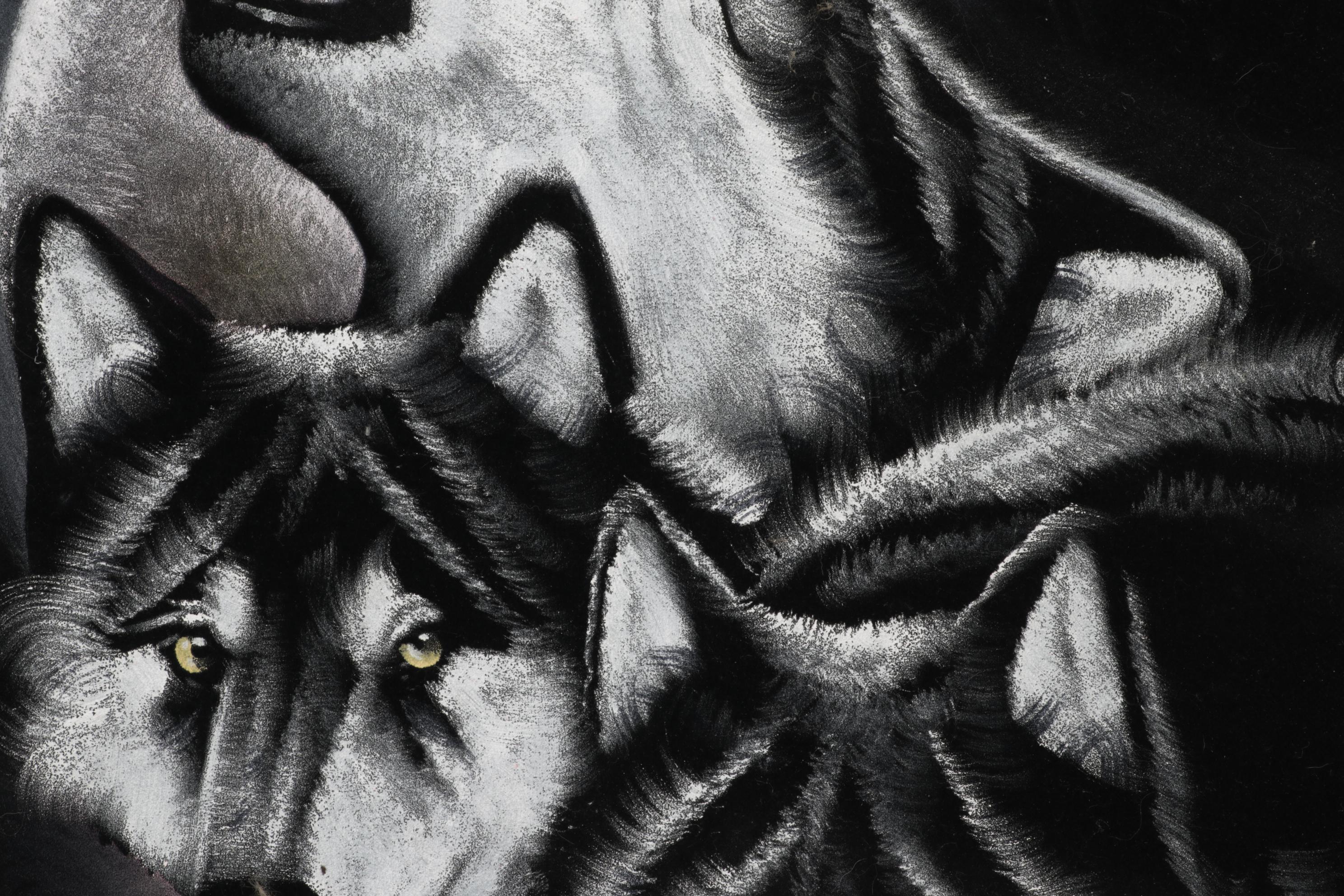 Folk Art Oil Paintings on Velvet of Wolves, Late 20th Century