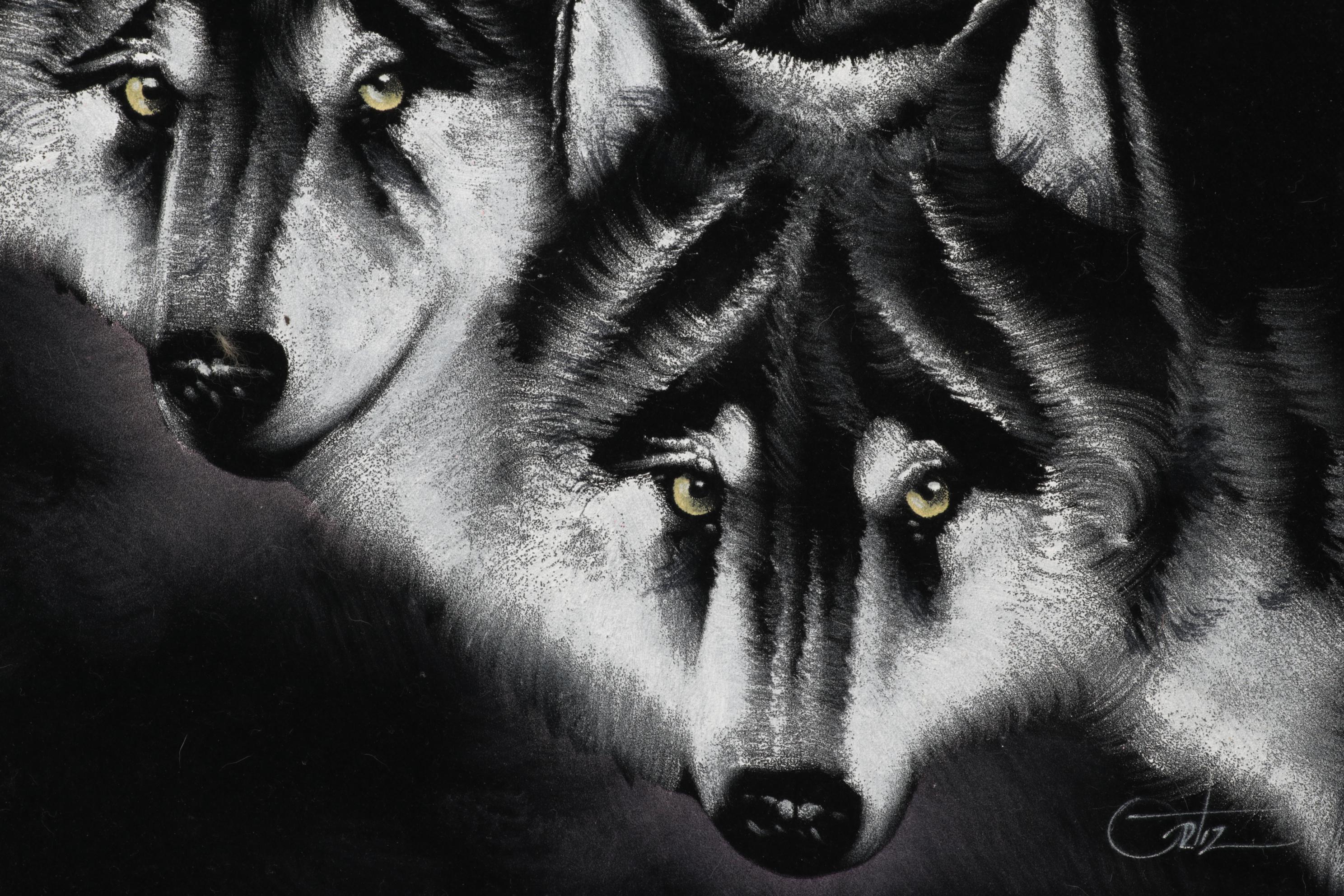 Folk Art Oil Paintings on Velvet of Wolves, Late 20th Century