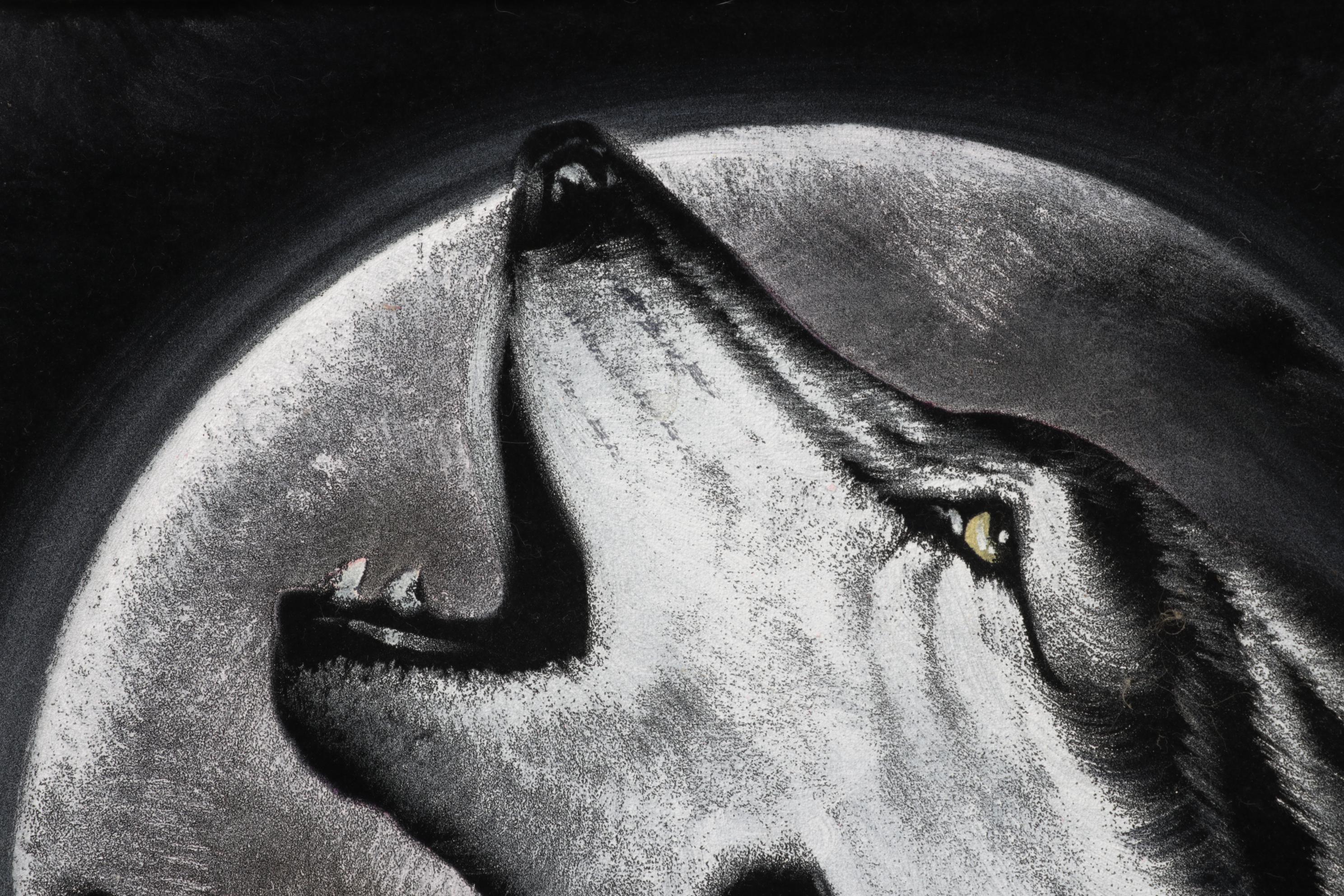 Folk Art Oil Paintings on Velvet of Wolves, Late 20th Century