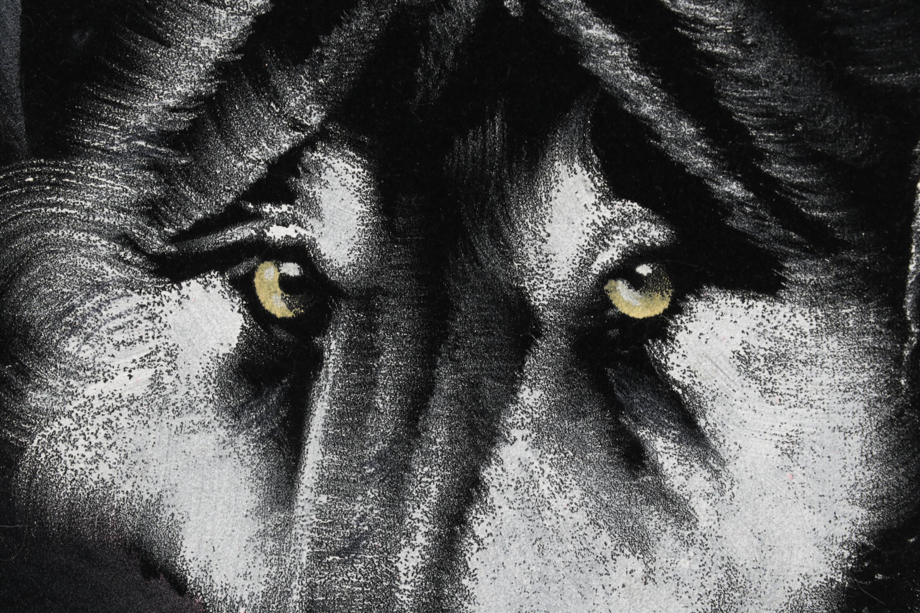 Folk Art Oil Paintings on Velvet of Wolves, Late 20th Century