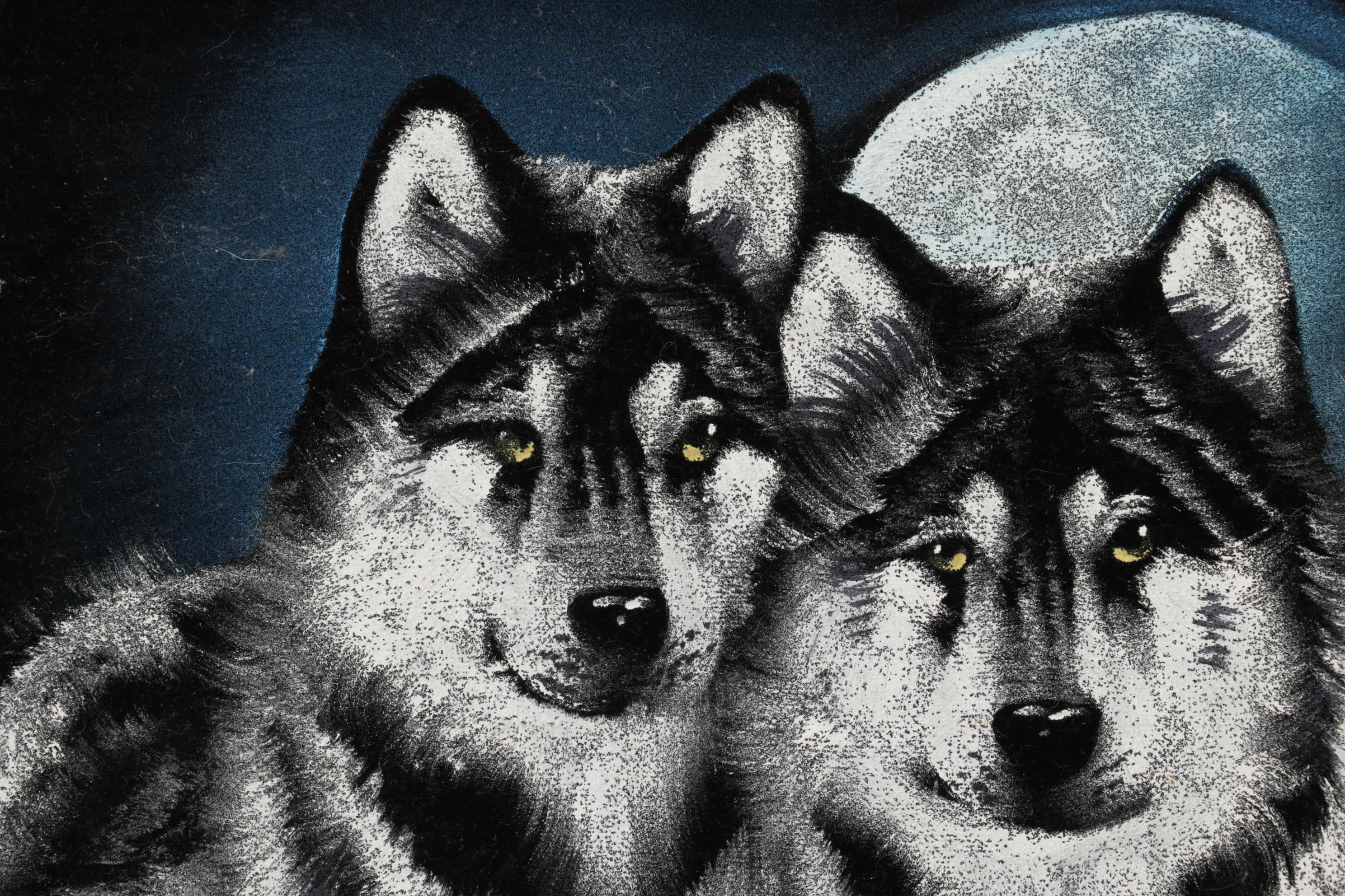 Folk Art Oil Paintings on Velvet of Wolves, Late 20th Century