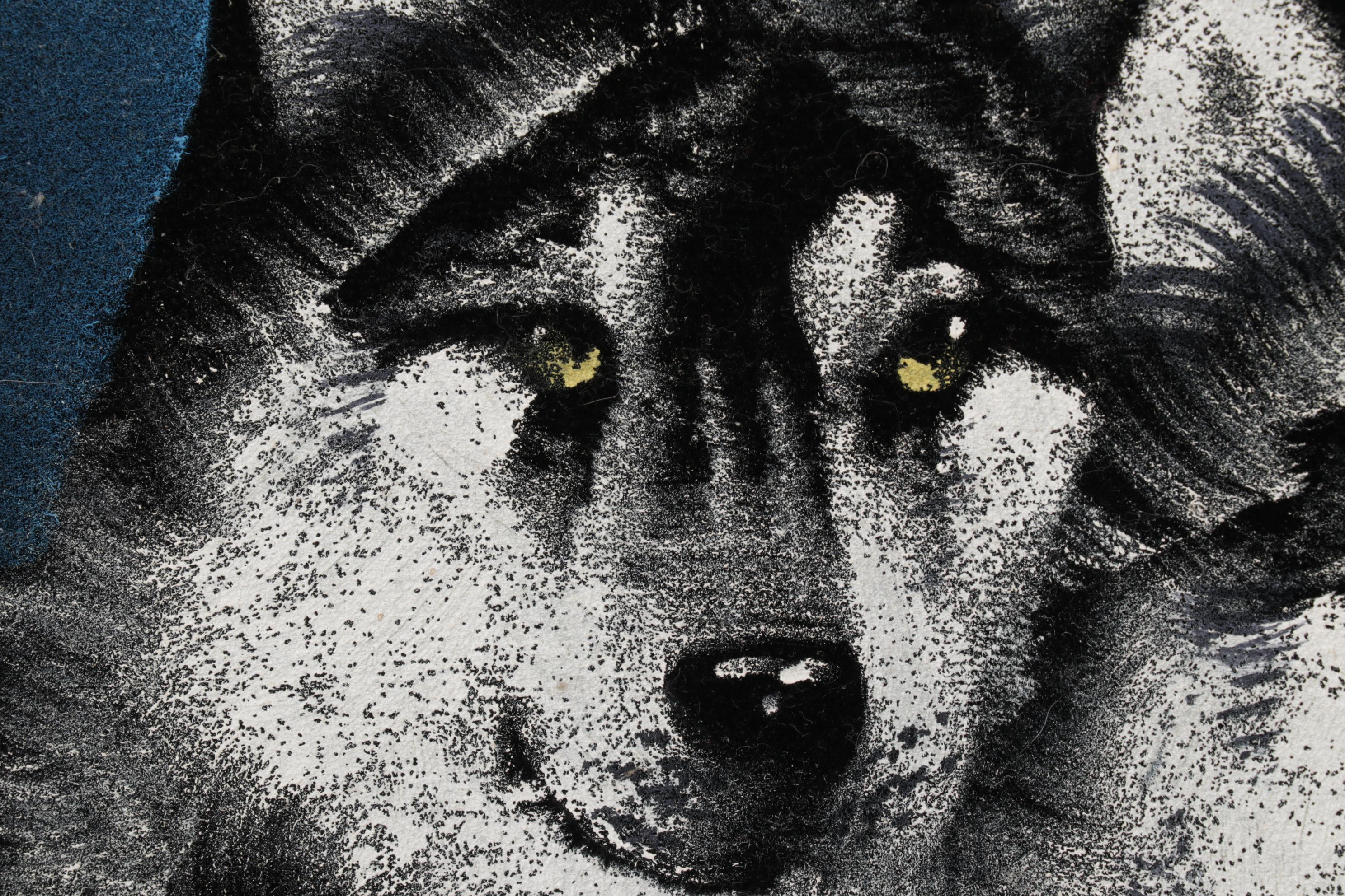 Folk Art Oil Paintings on Velvet of Wolves, Late 20th Century