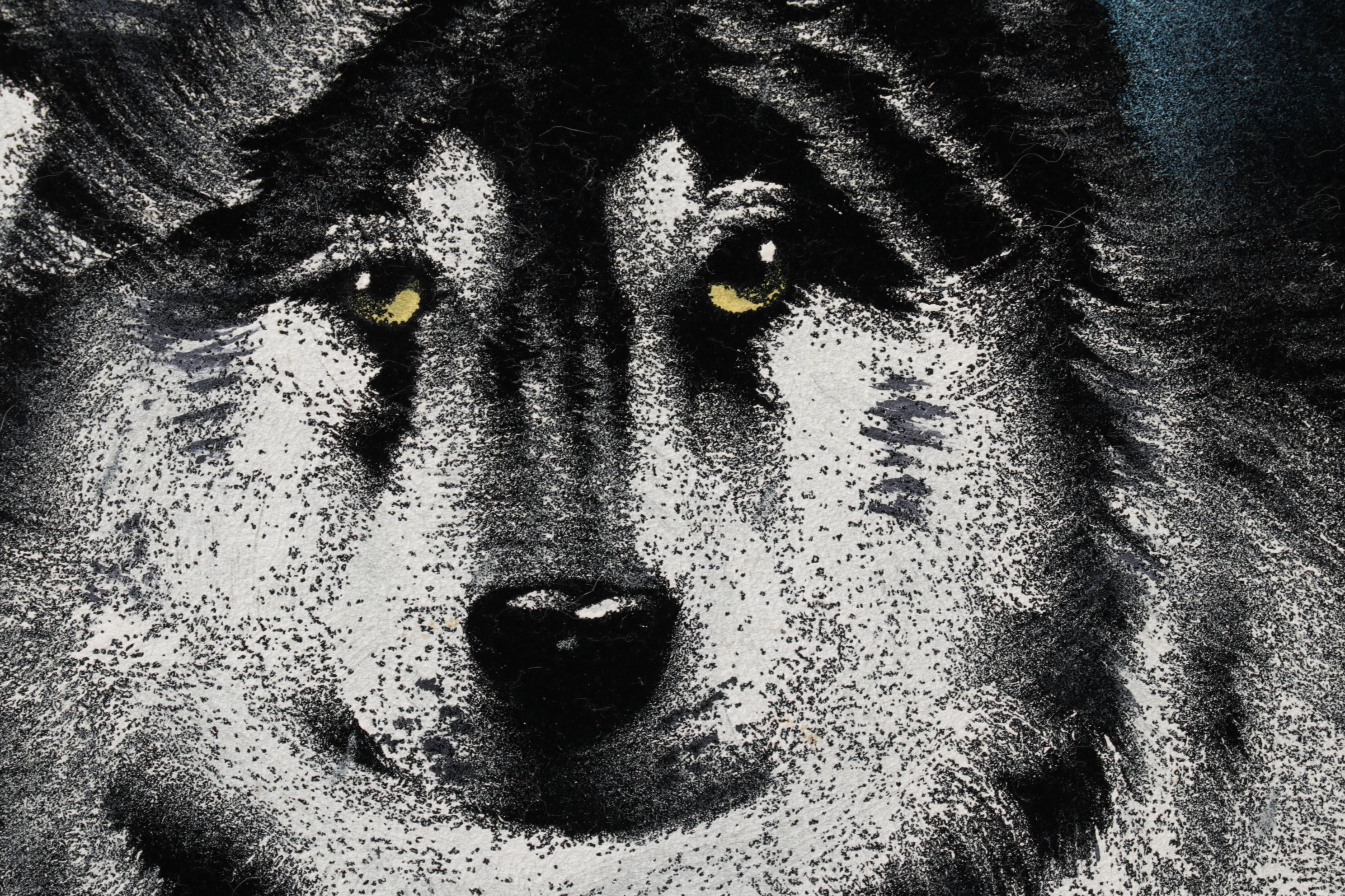 Folk Art Oil Paintings on Velvet of Wolves, Late 20th Century