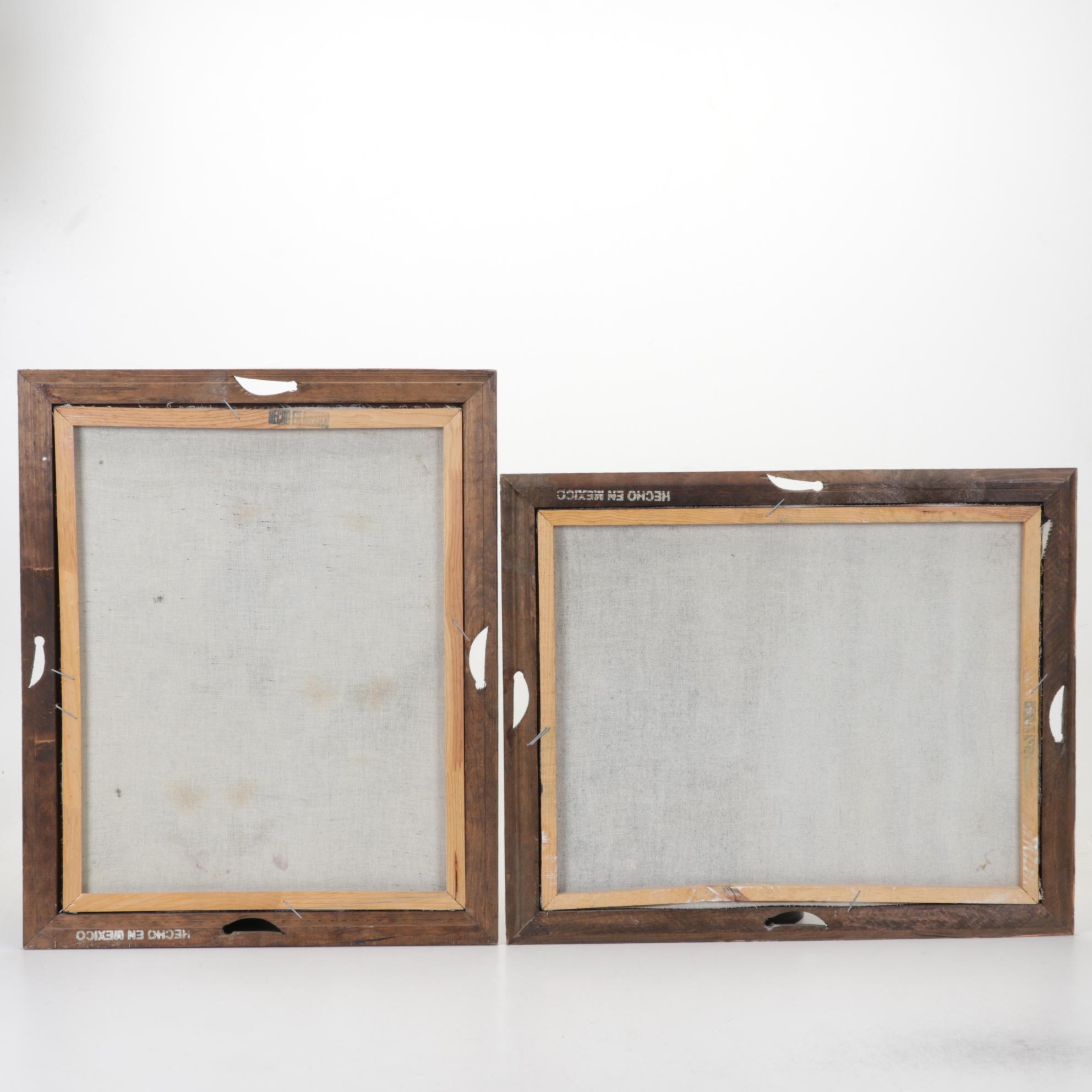 Folk Art Oil Paintings on Velvet of Wolves, Late 20th Century