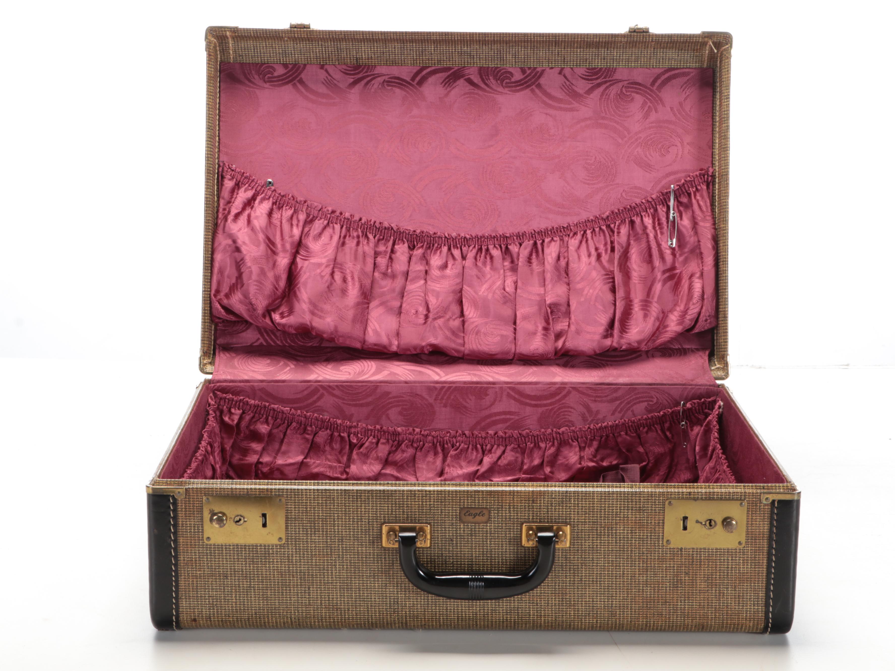 Eagle Wooden Brass-Mounted Travel Suitcase with Satin Lining, 1960s
