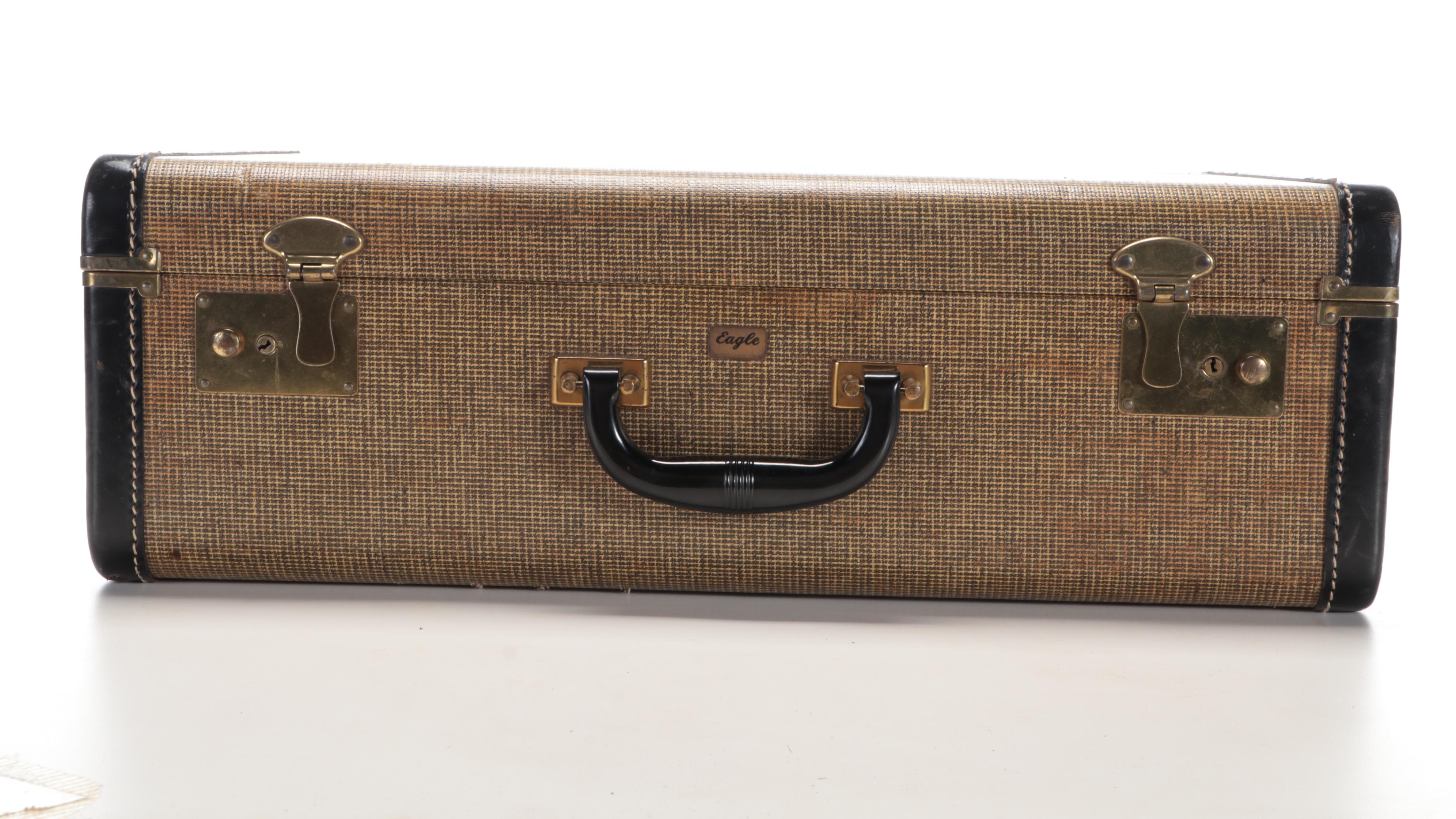Eagle Wooden Brass-Mounted Travel Suitcase with Satin Lining, 1960s