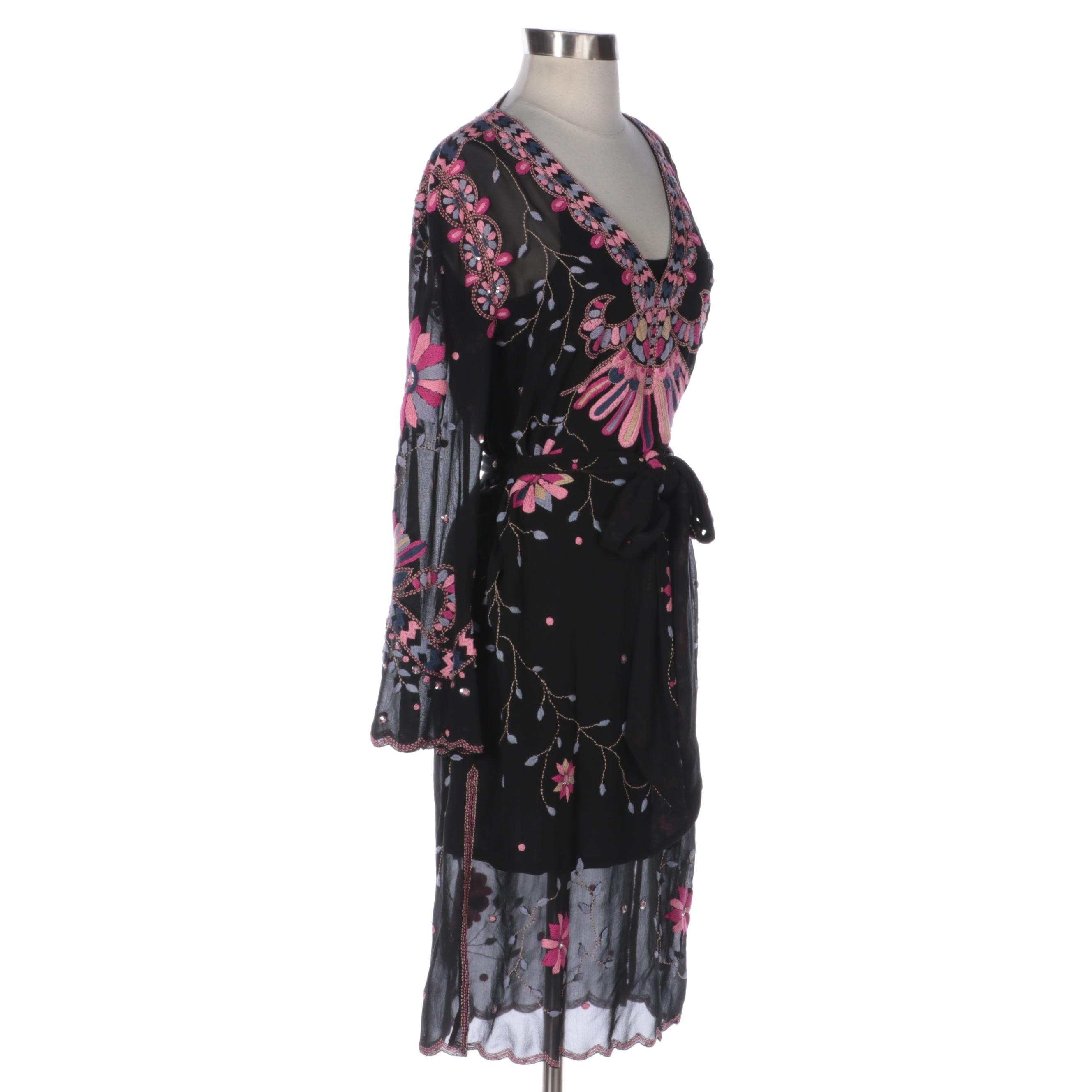 Temperley Belted Embroidered Silk Dress with Vera Wang Body Veils Slip