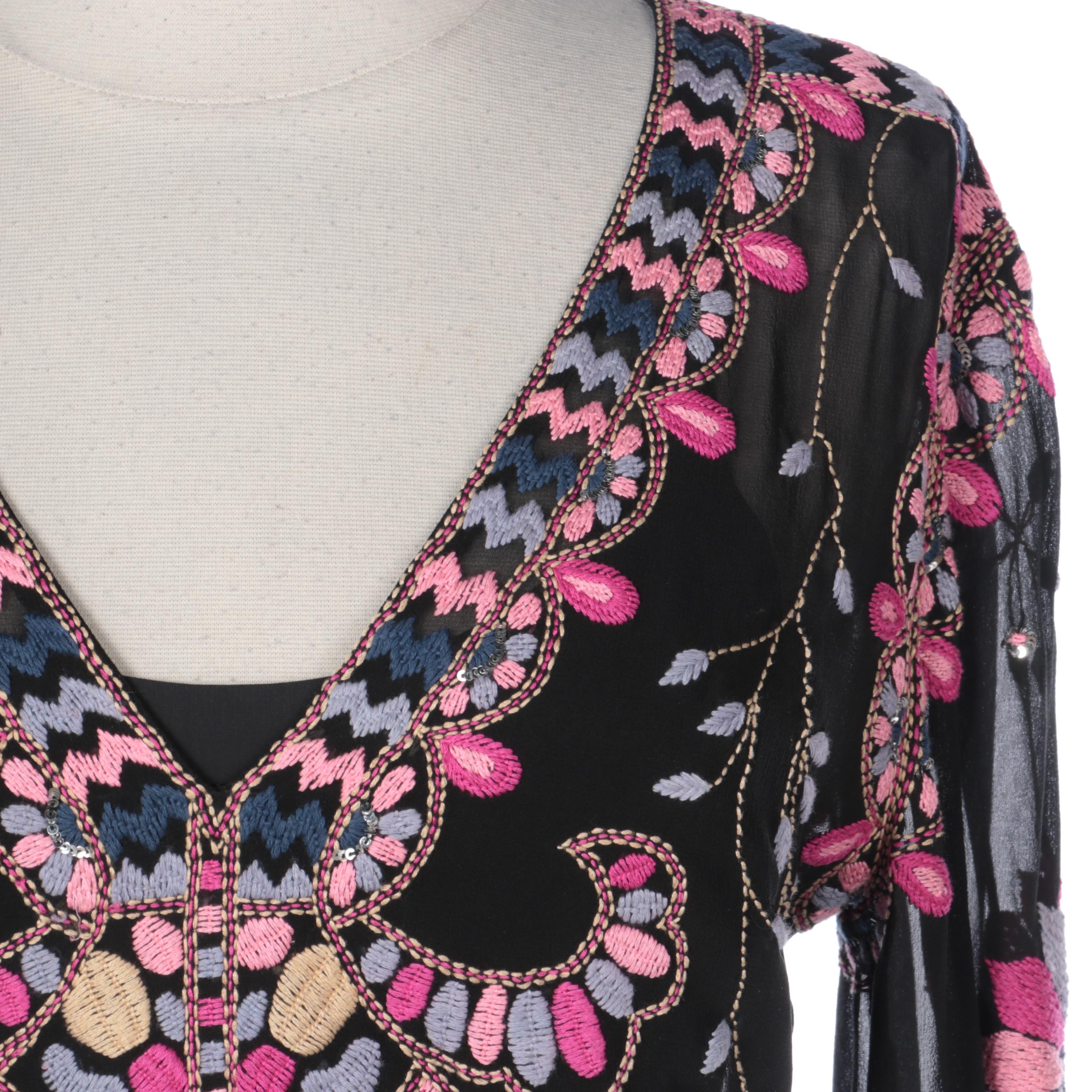 Temperley Belted Embroidered Silk Dress with Vera Wang Body Veils Slip