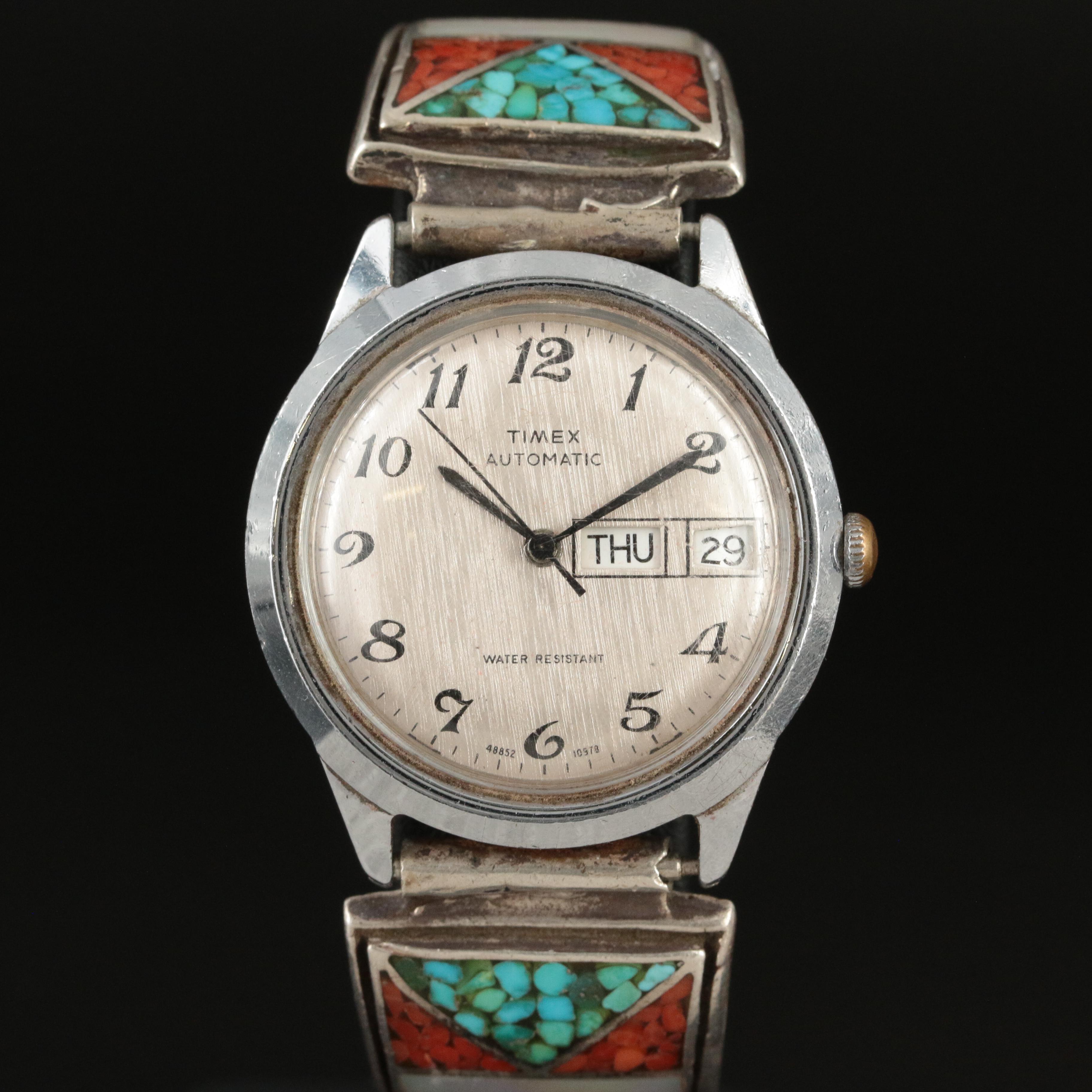 Vintage Timex Automatic Watch with Sterling Silver and Stone Inlay Bracelet