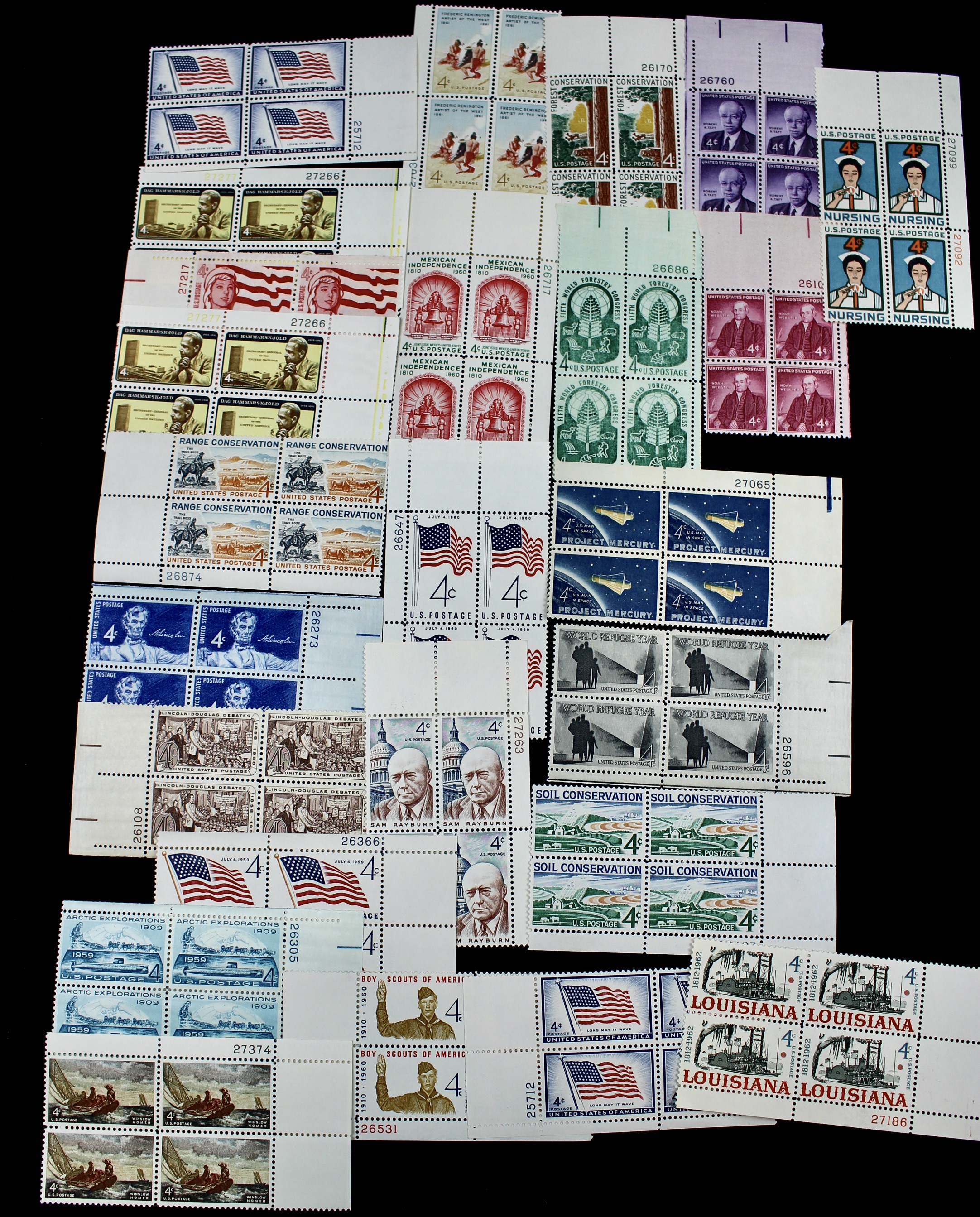 1,100 U.S. 4-Cent Postage Stamp Plate Blocks, 1950s to 1960s