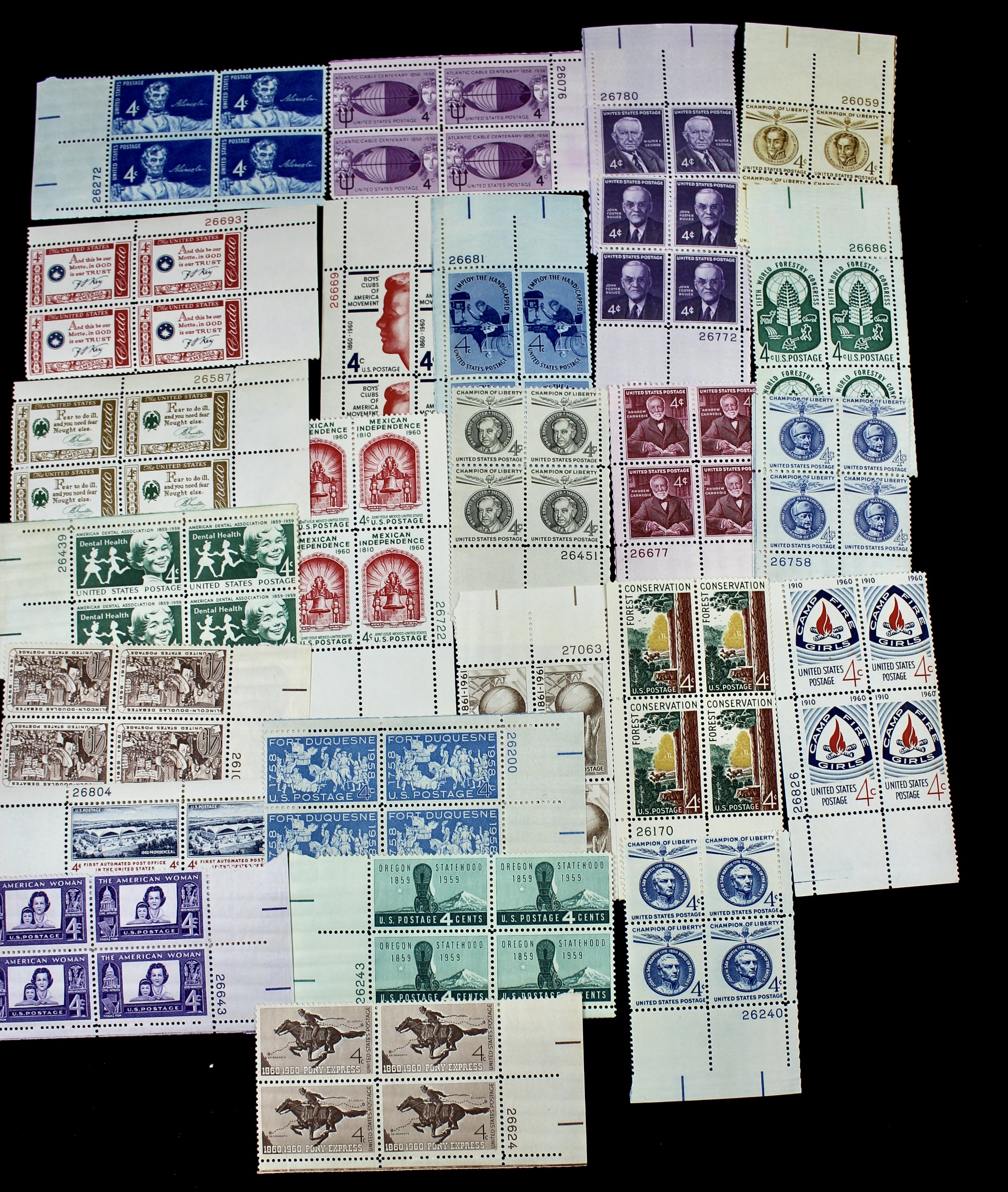 1,100 U.S. 4-Cent Postage Stamp Plate Blocks, 1950s to 1960s