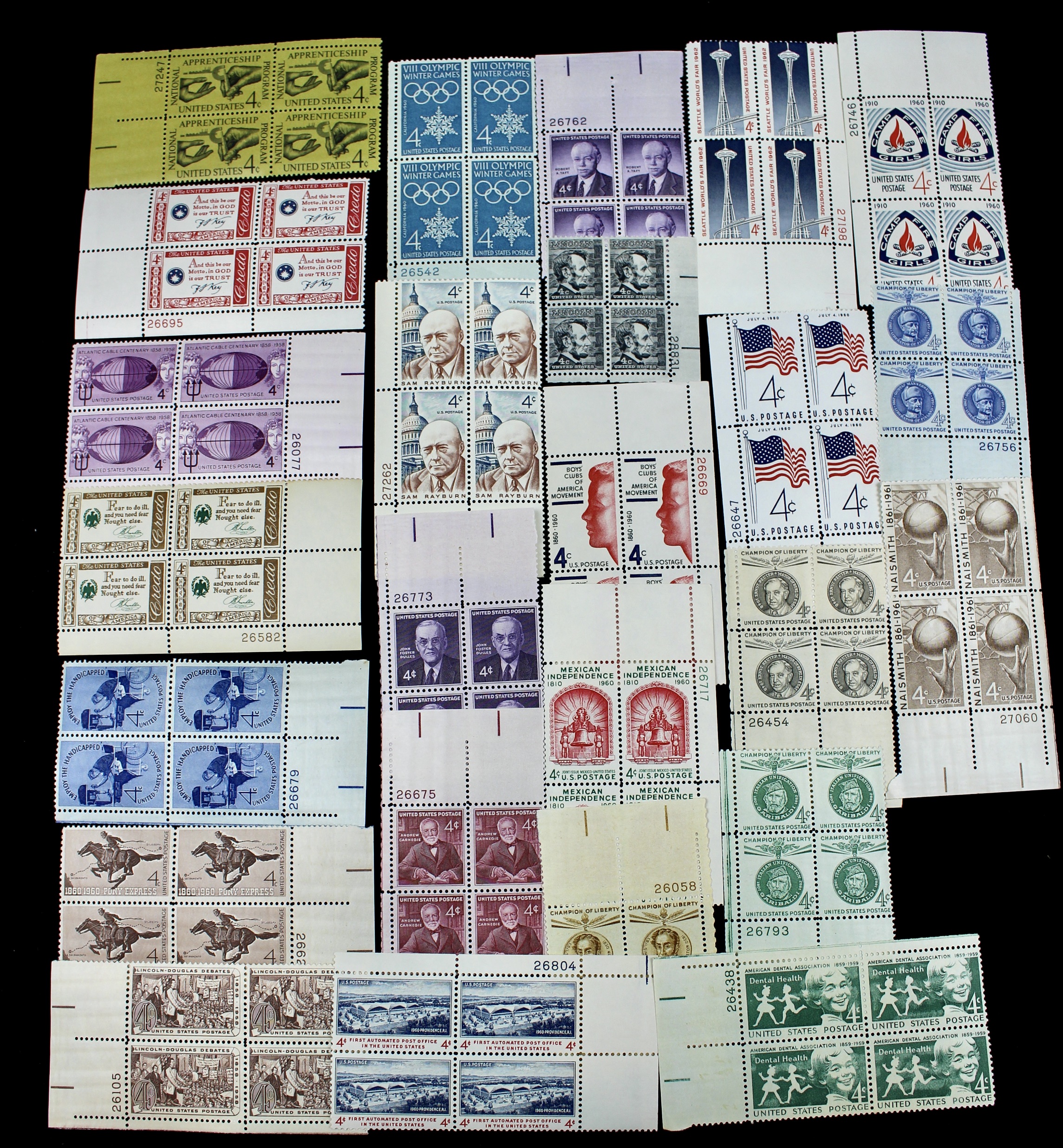 1,100 U.S. 4-Cent Postage Stamp Plate Blocks, 1950s to 1960s