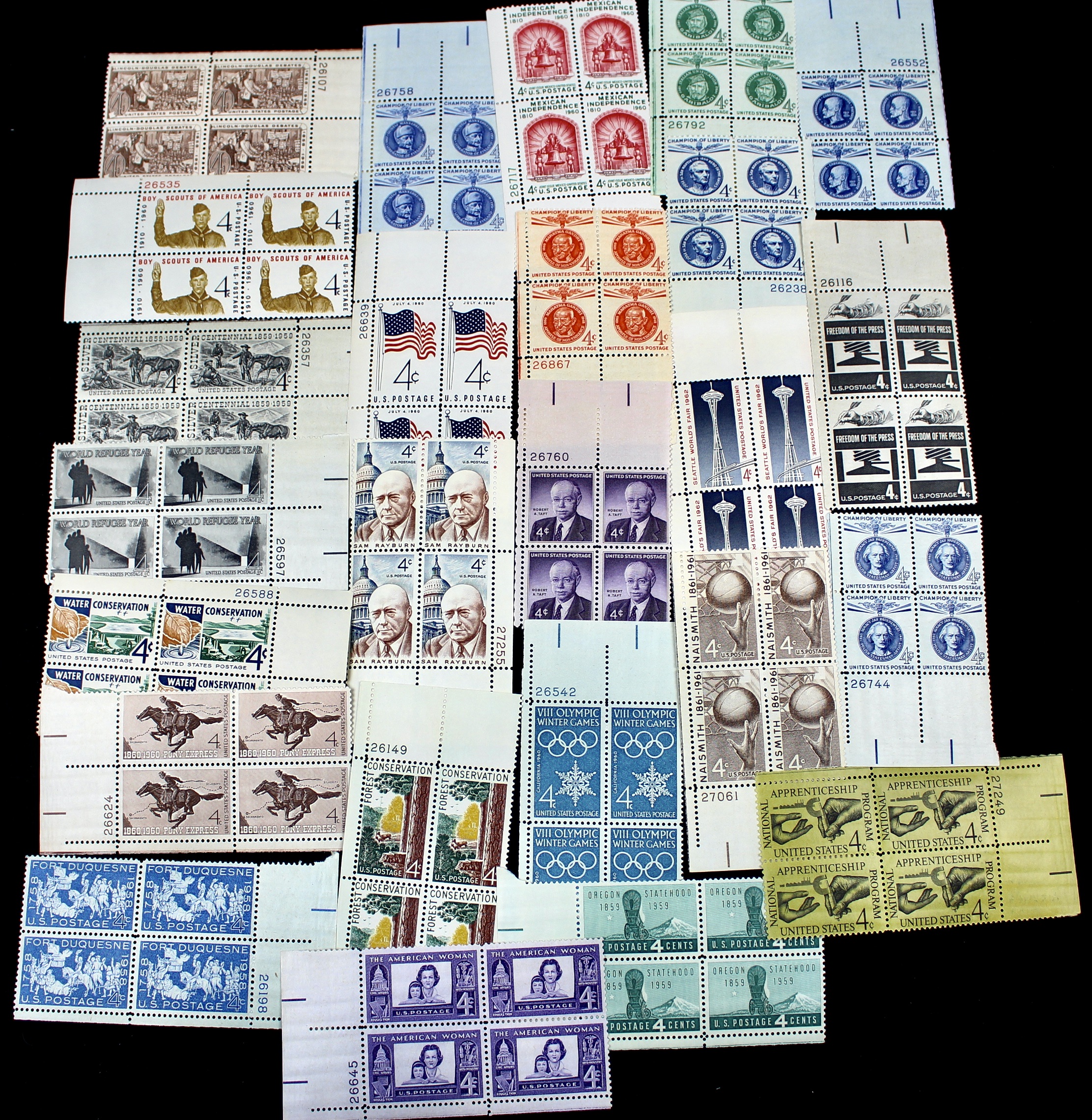 1,100 U.S. 4-Cent Postage Stamp Plate Blocks, 1950s to 1960s