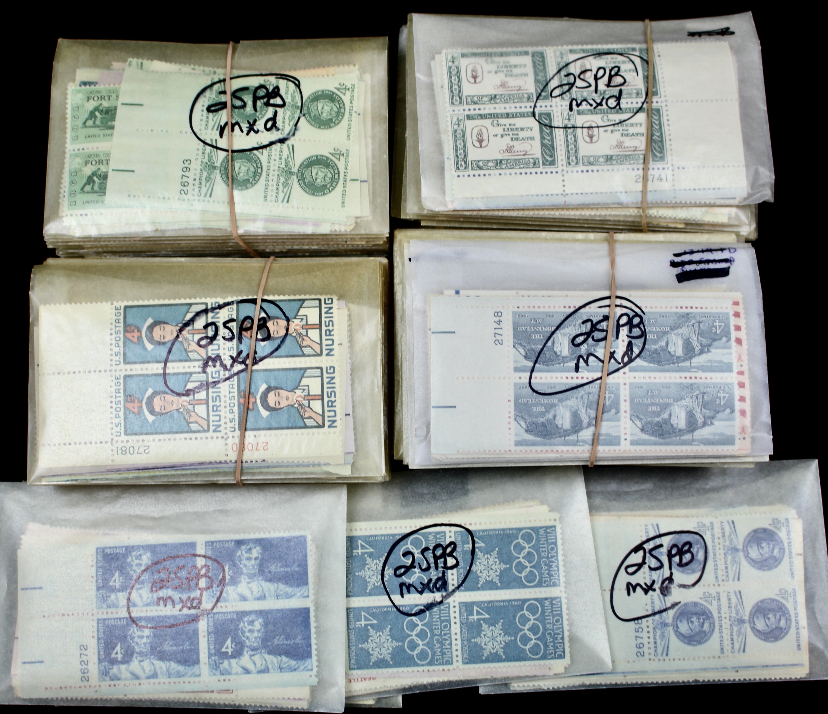 1,100 U.S. 4-Cent Postage Stamp Plate Blocks, 1950s to 1960s