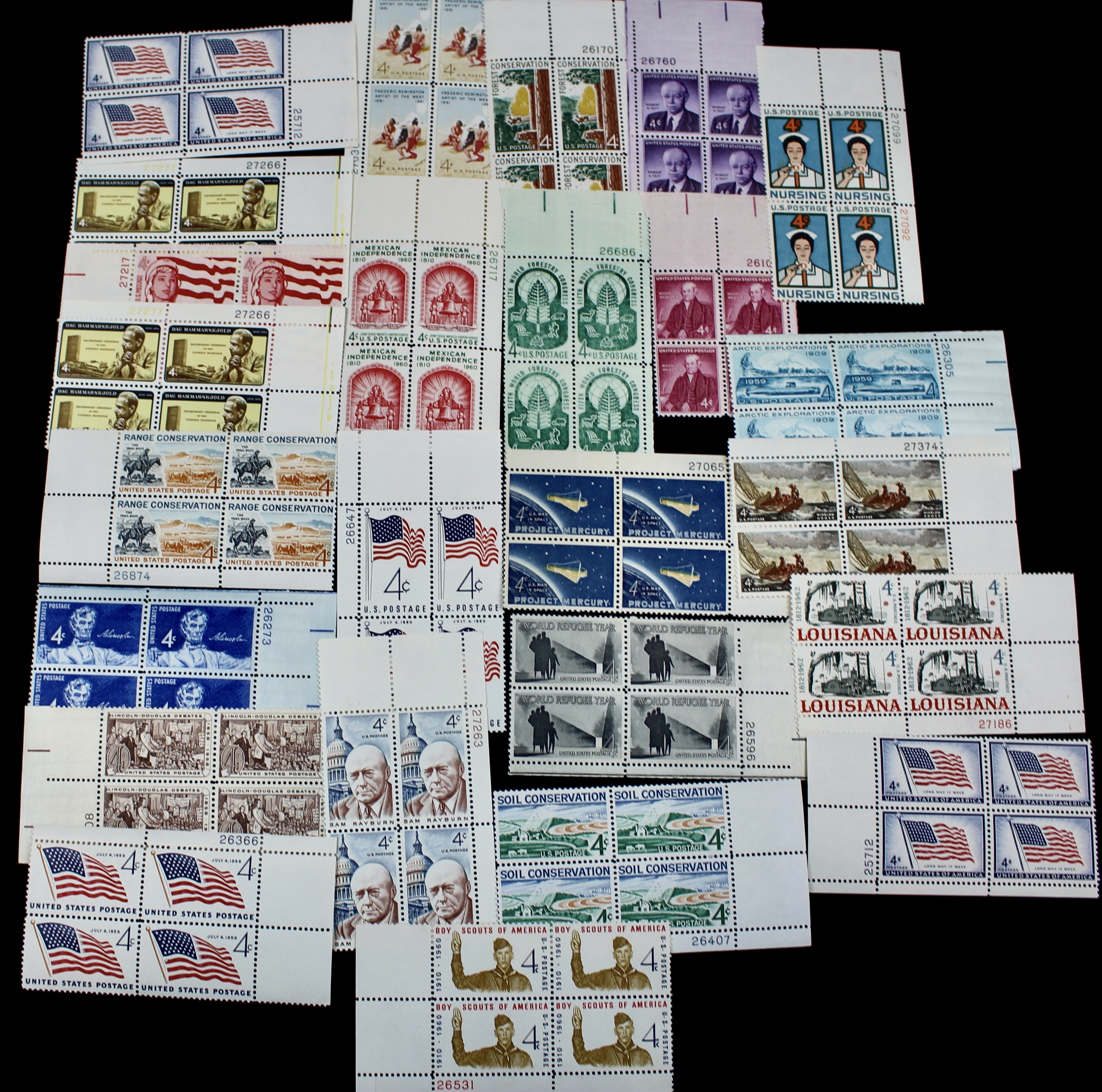 1,100 U.S. 4-Cent Postage Stamp Plate Blocks, 1950s to 1960s