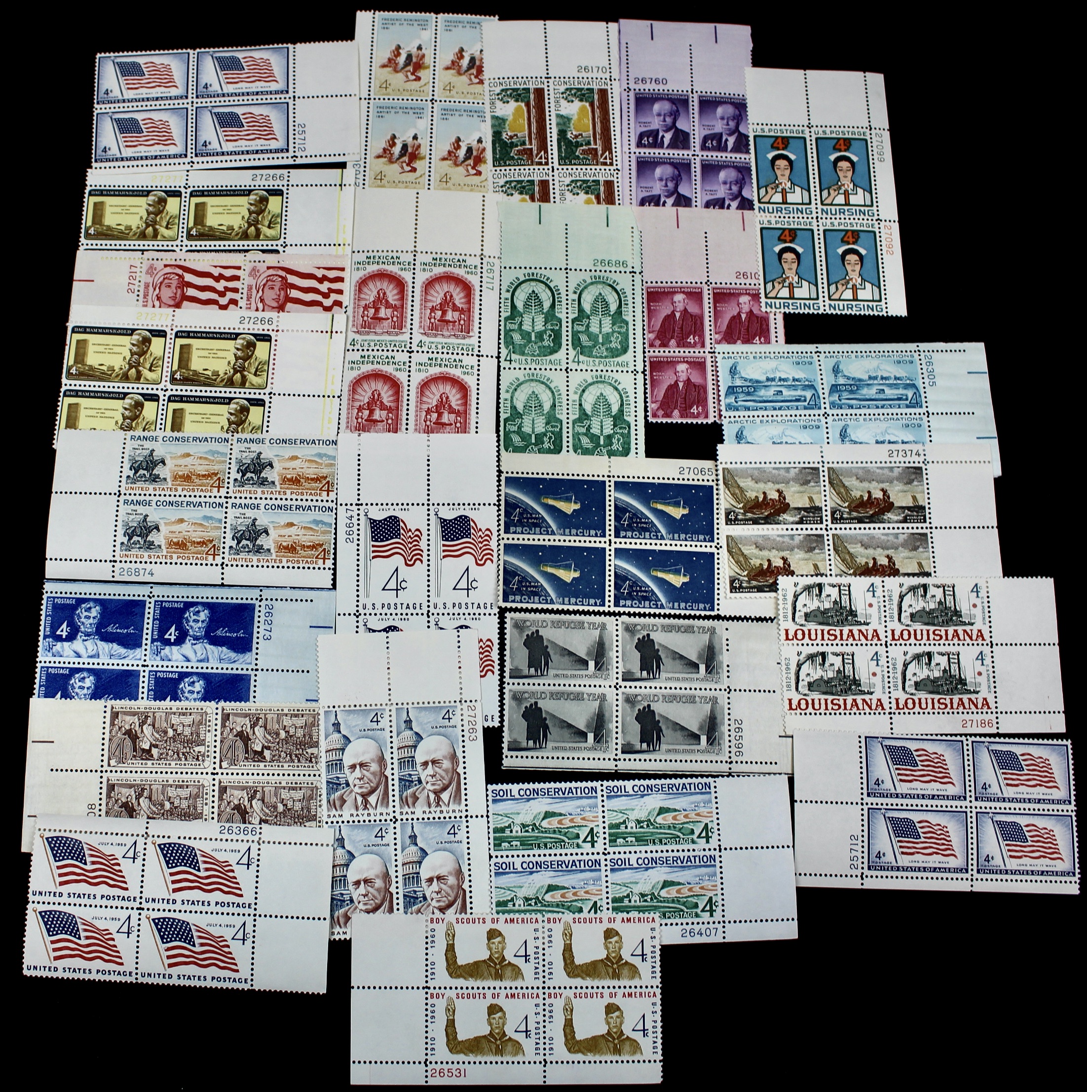 1,100 U.S. 4-Cent Postage Stamp Plate Blocks, 1950s to 1960s
