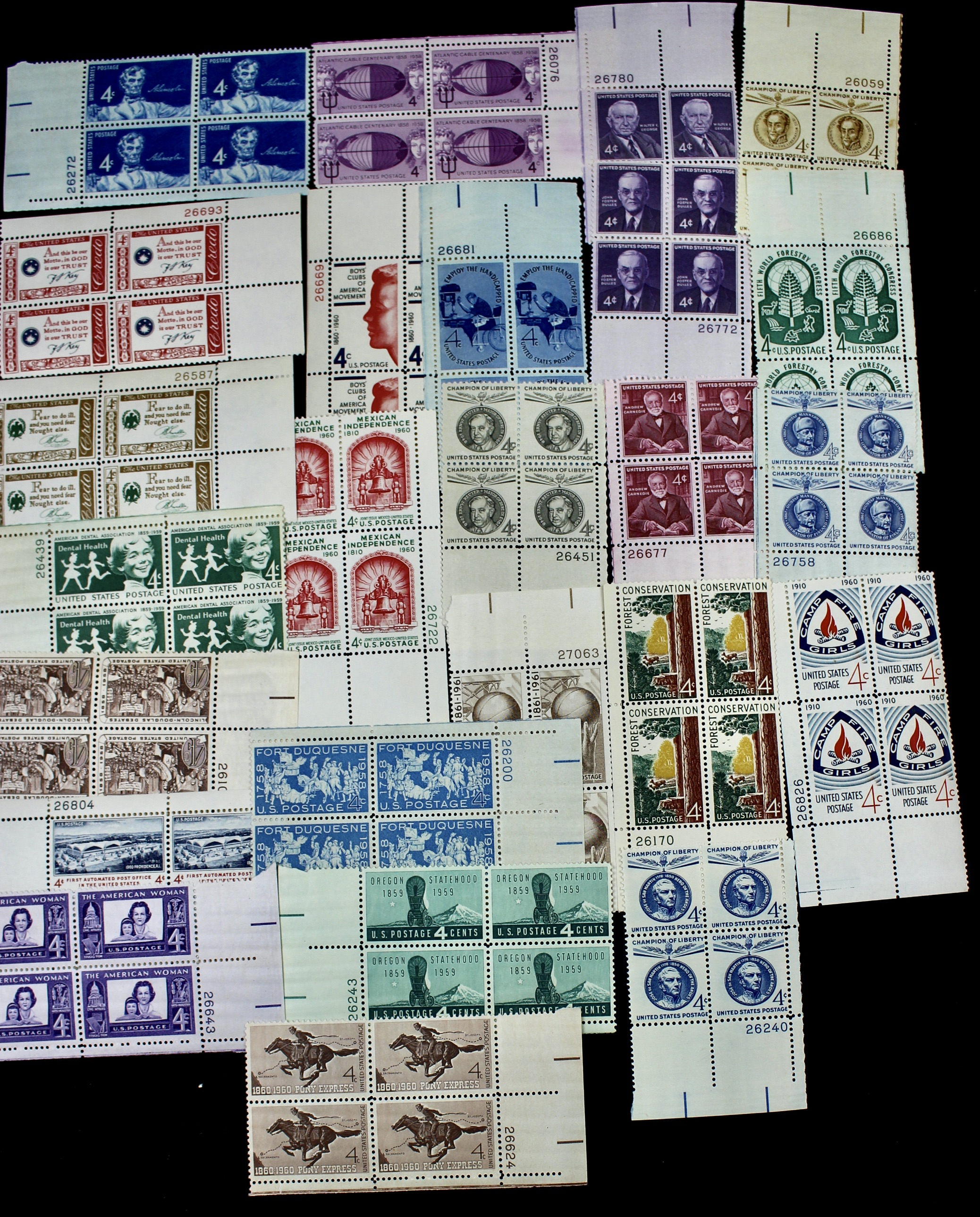 1,100 U.S. 4-Cent Postage Stamp Plate Blocks, 1950s to 1960s