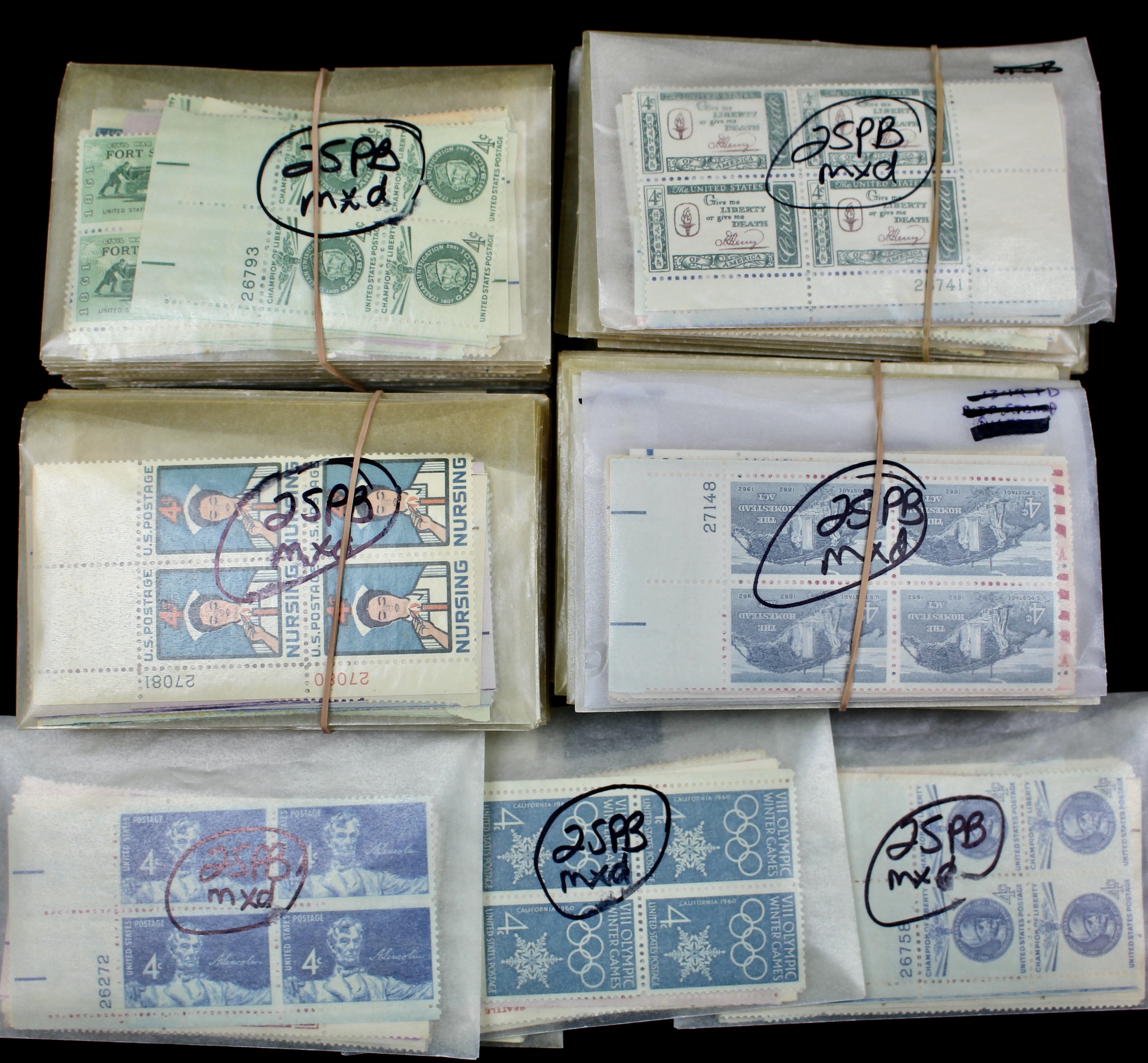 1,100 U.S. 4-Cent Postage Stamp Plate Blocks, 1950s to 1960s