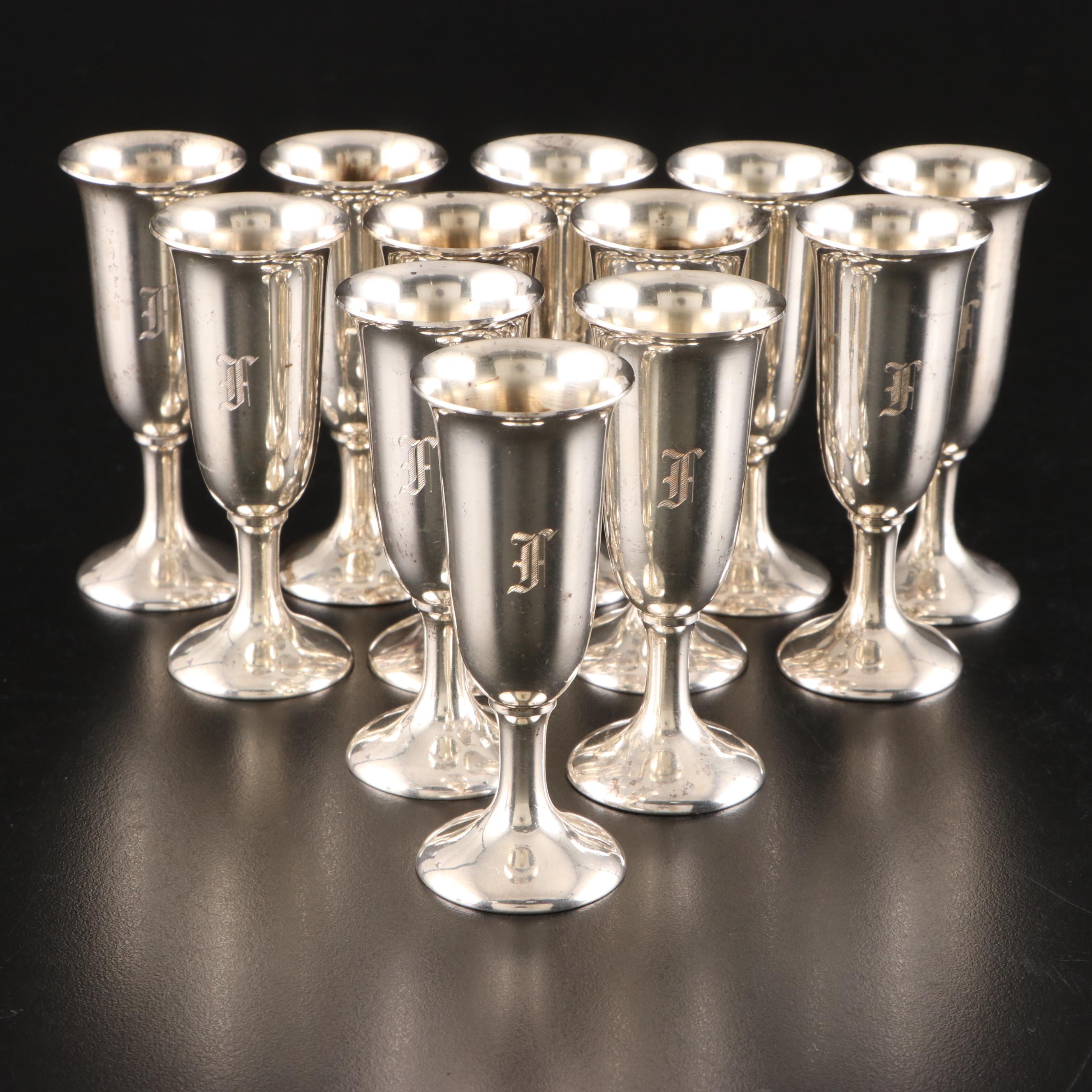 Monogrammed Sterling Silver Cordial Glasses,  20th Century