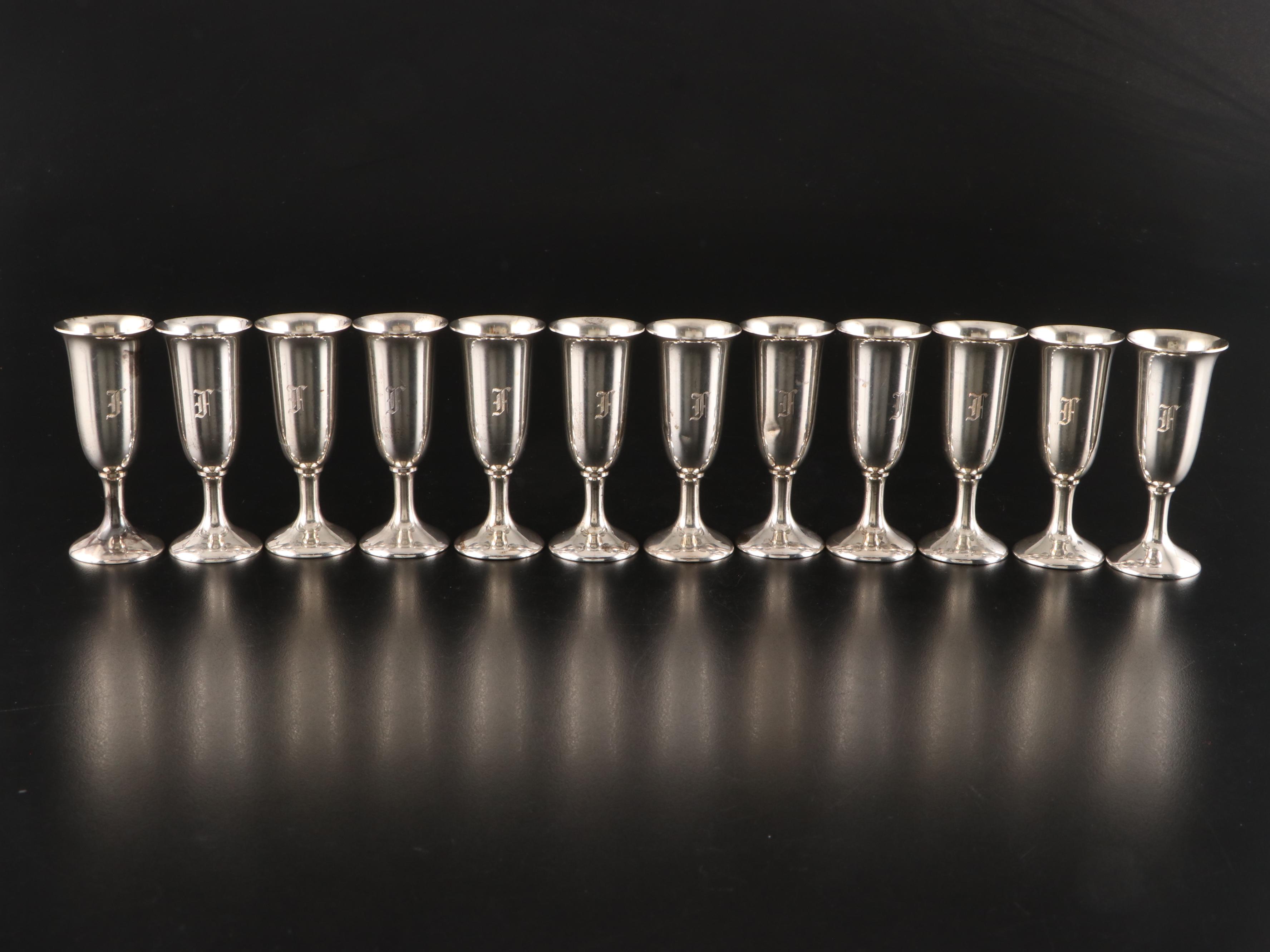 Monogrammed Sterling Silver Cordial Glasses,  20th Century