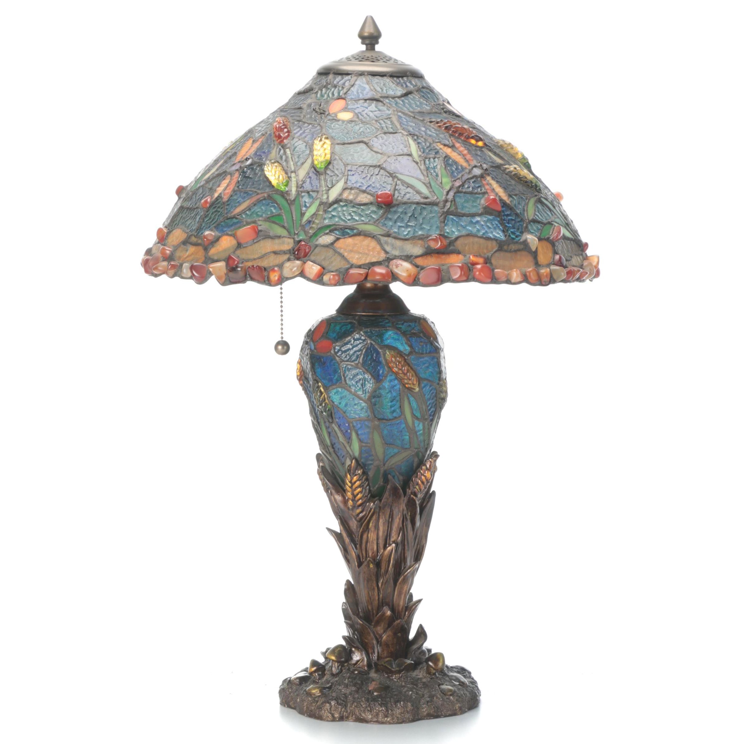 Dragonfly and Cattails Slag Glass Table Lamp, 20th Century