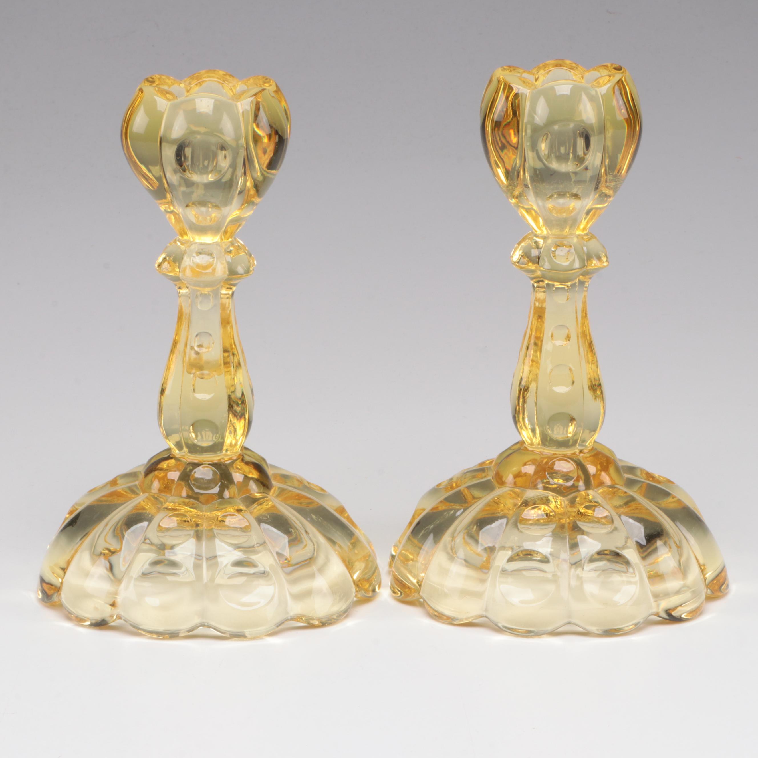 Heisey "Old Sandwich" Sahara Yellow Glass Candlesticks, 1931–1937