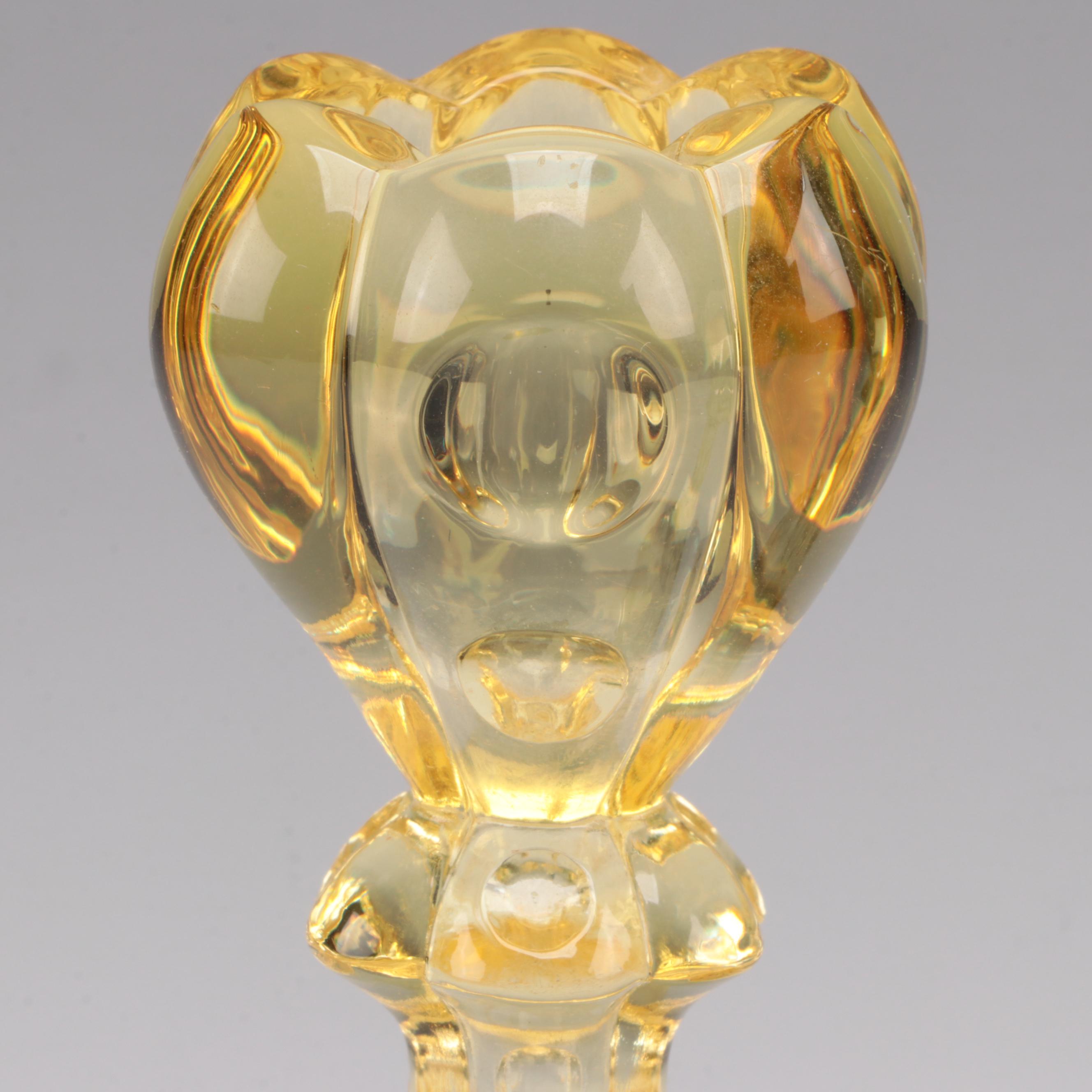 Heisey "Old Sandwich" Sahara Yellow Glass Candlesticks, 1931–1937