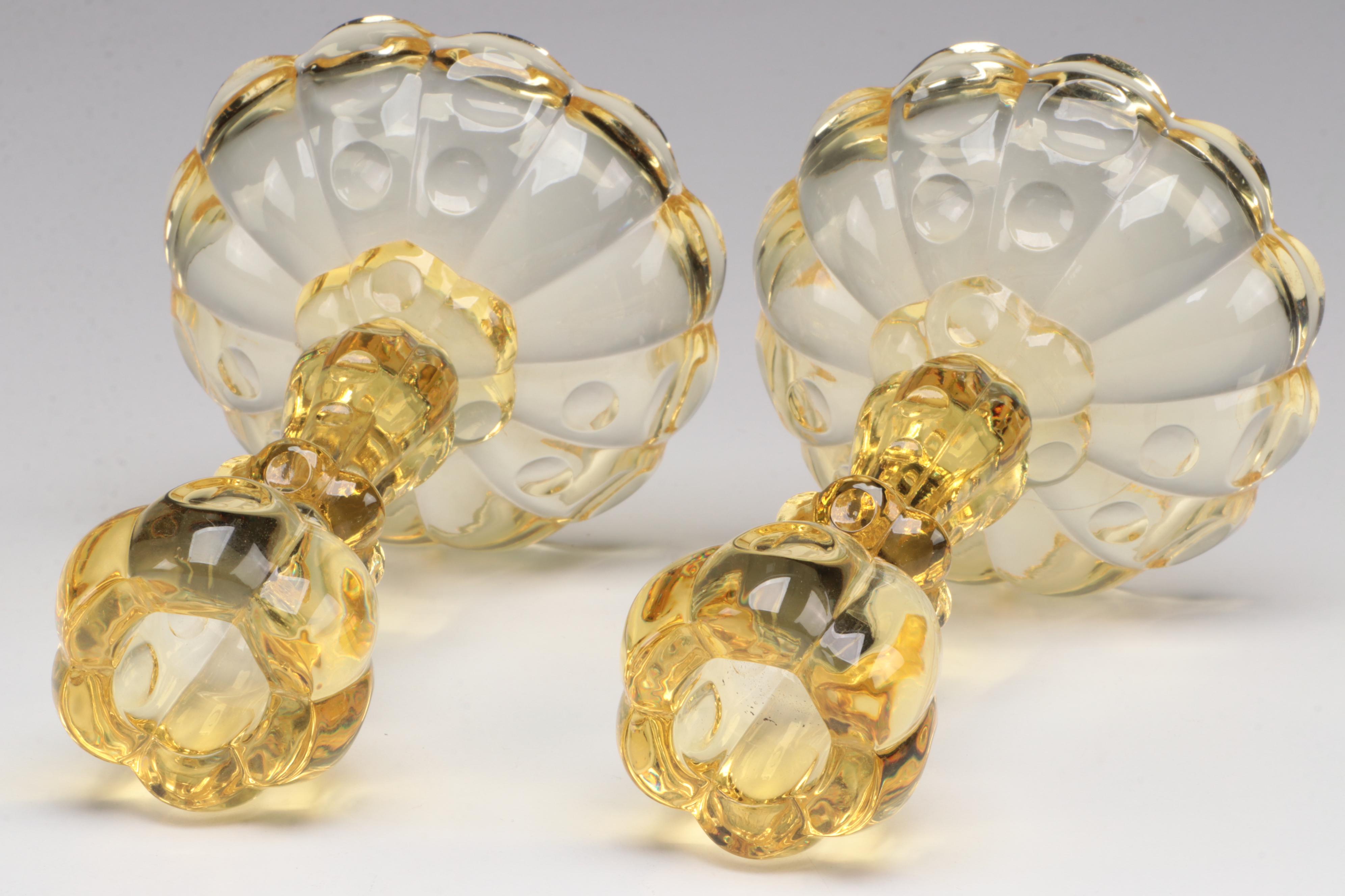 Heisey "Old Sandwich" Sahara Yellow Glass Candlesticks, 1931–1937