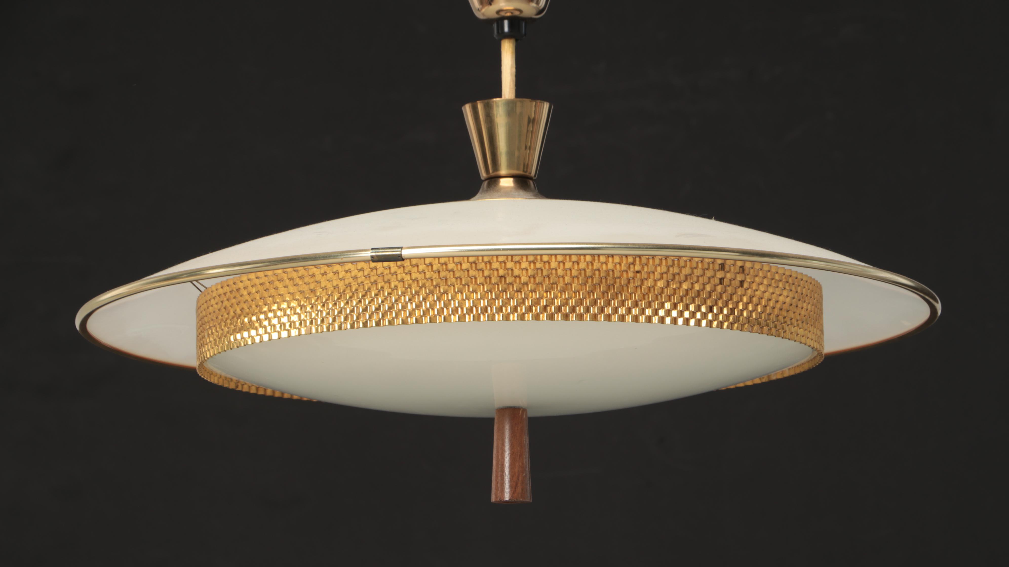 John C. Virden Mid Century Modern Pull Down Brass and Enamel Pendant Light