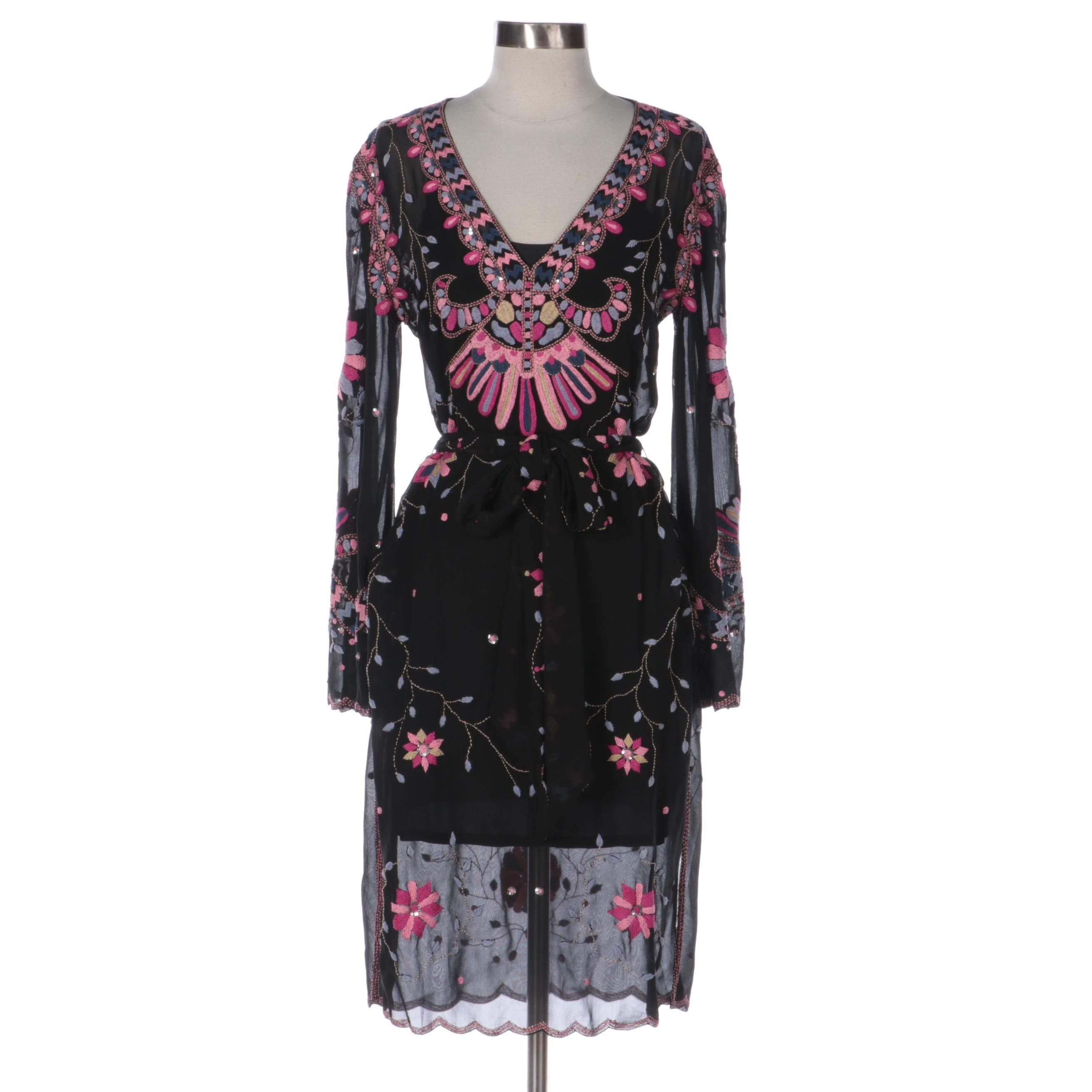 Temperley Belted Embroidered Silk Dress with Vera Wang Body Veils Slip