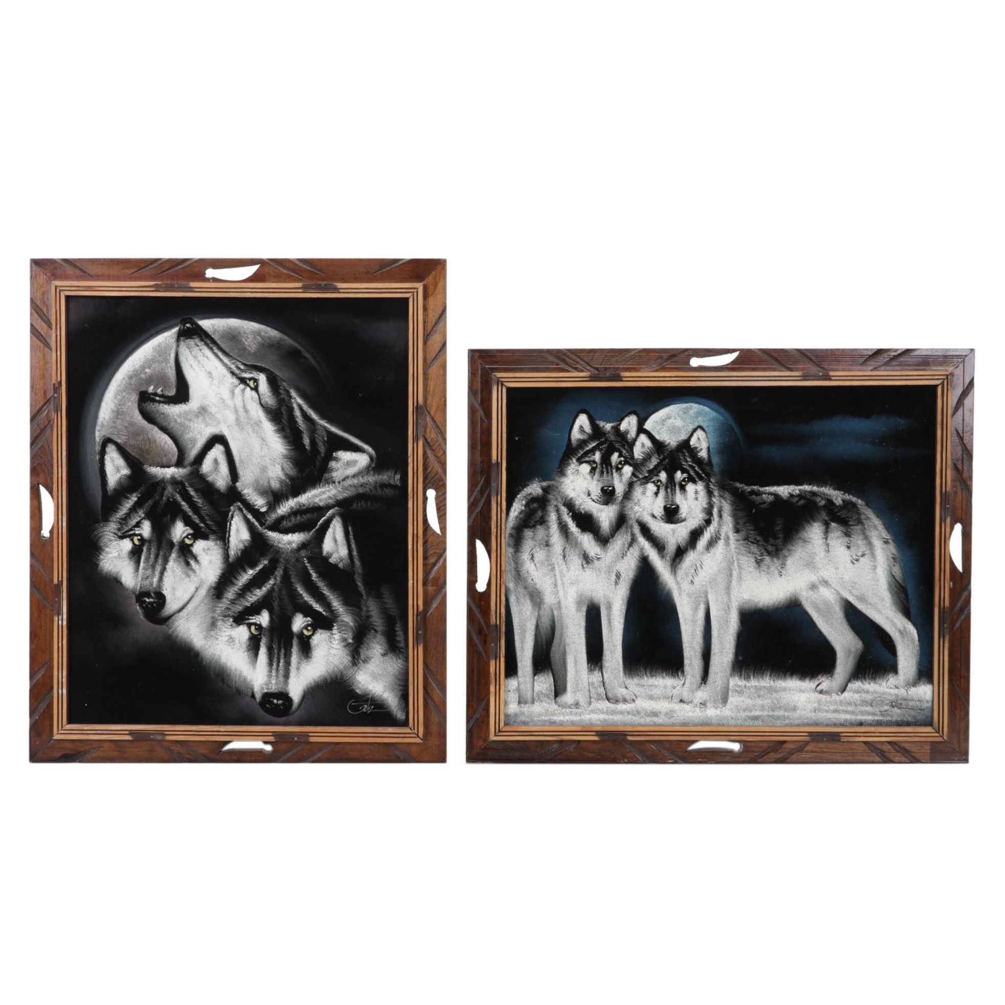 Folk Art Oil Paintings on Velvet of Wolves, Late 20th Century