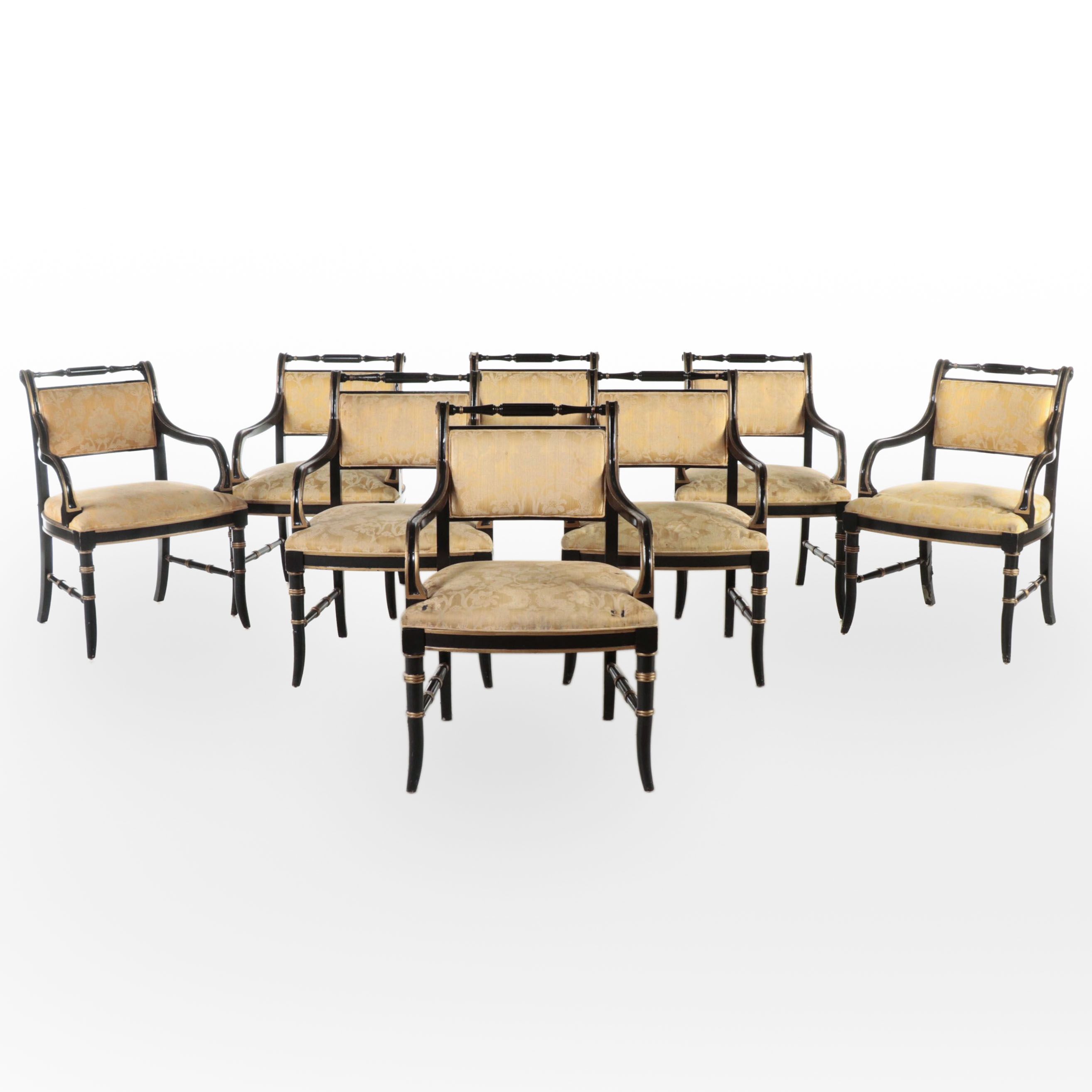 Drexel-Heritage Regency Style Ebonized and Giltwood Armchairs
