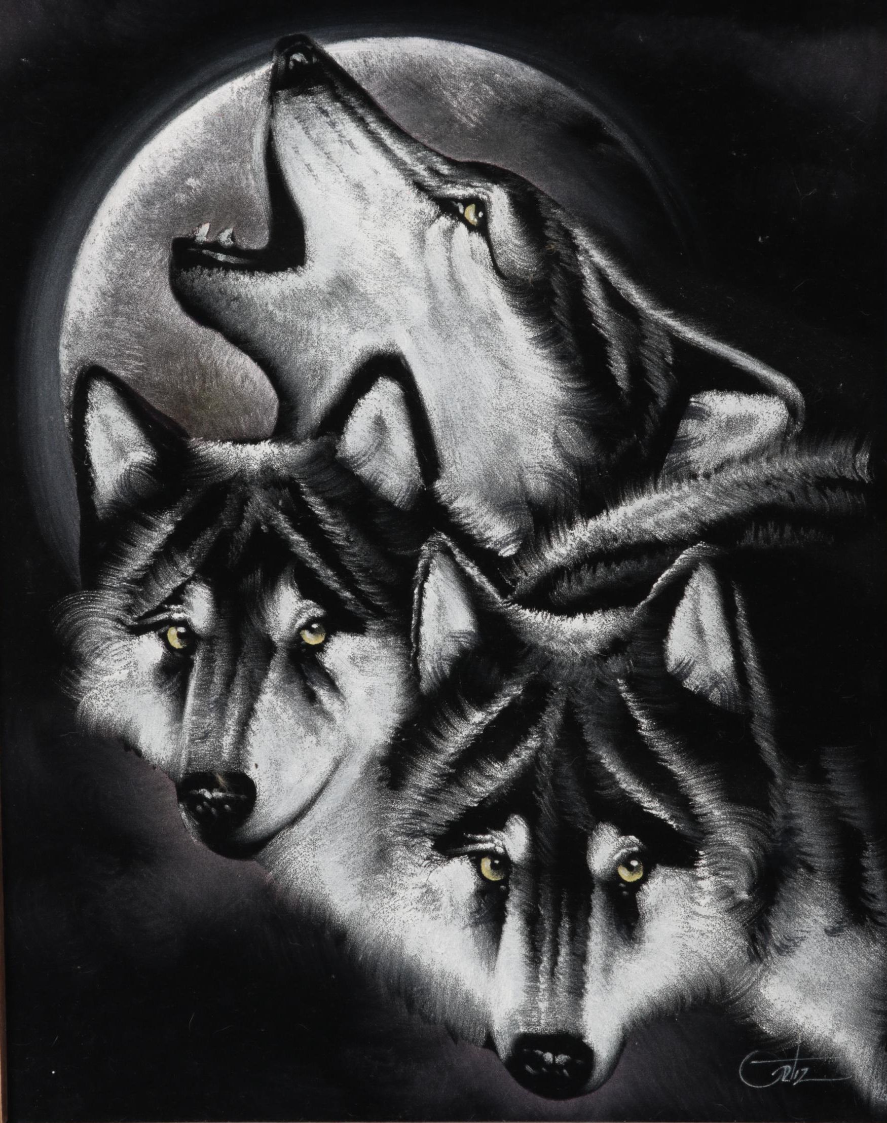 Folk Art Oil Paintings on Velvet of Wolves, Late 20th Century