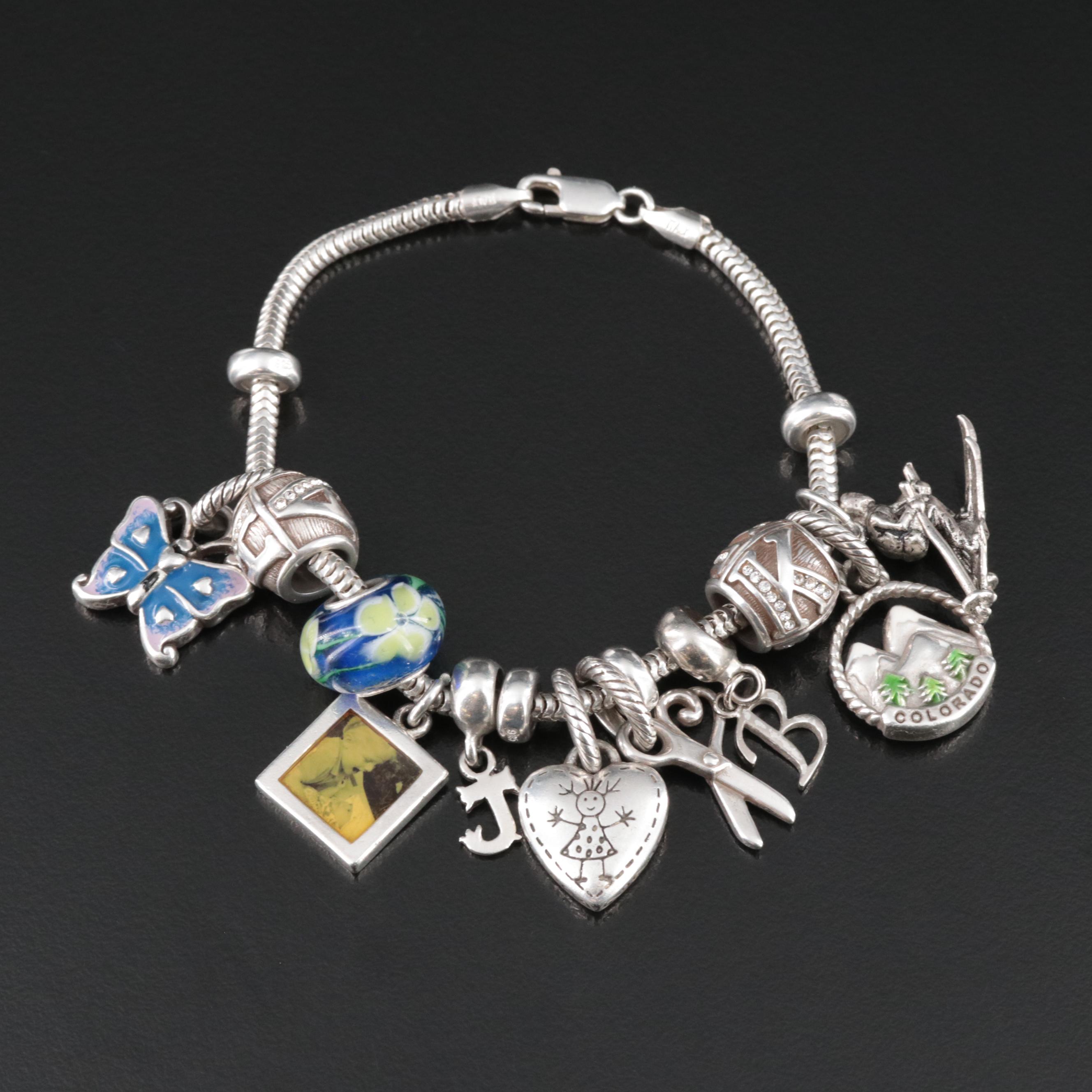 Sterling Charm Bracelet Including Lampwork Glass, Rhinestones and Enamel