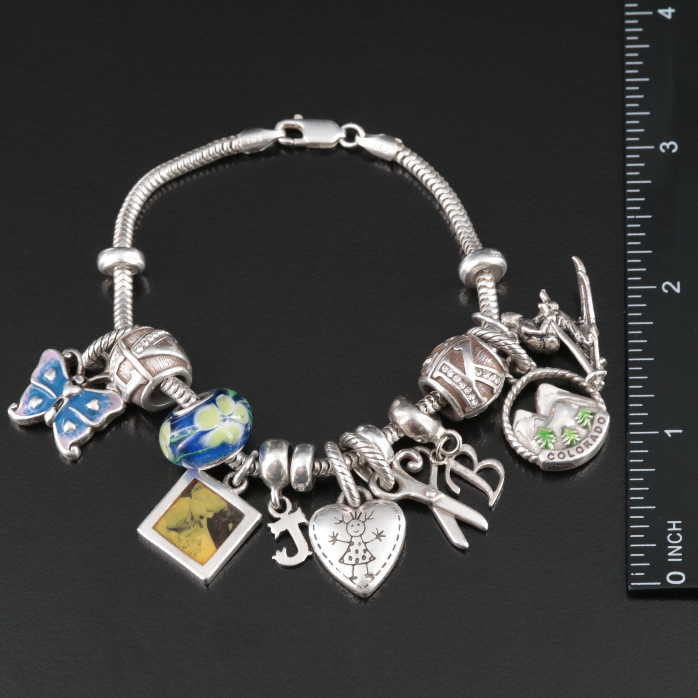 Sterling Charm Bracelet Including Lampwork Glass, Rhinestones and Enamel