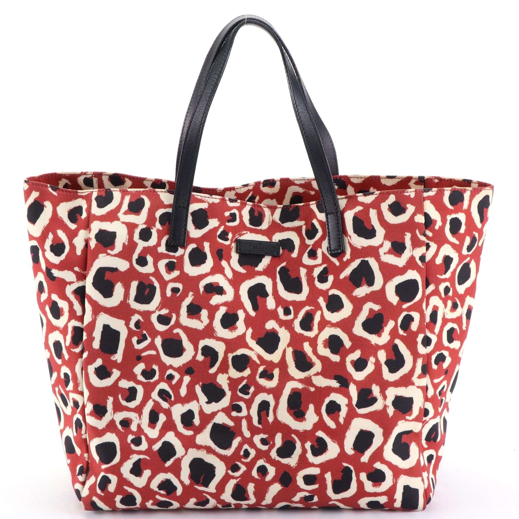 Gucci Tote Bag in Leopard Print Canvas with Leather Trim