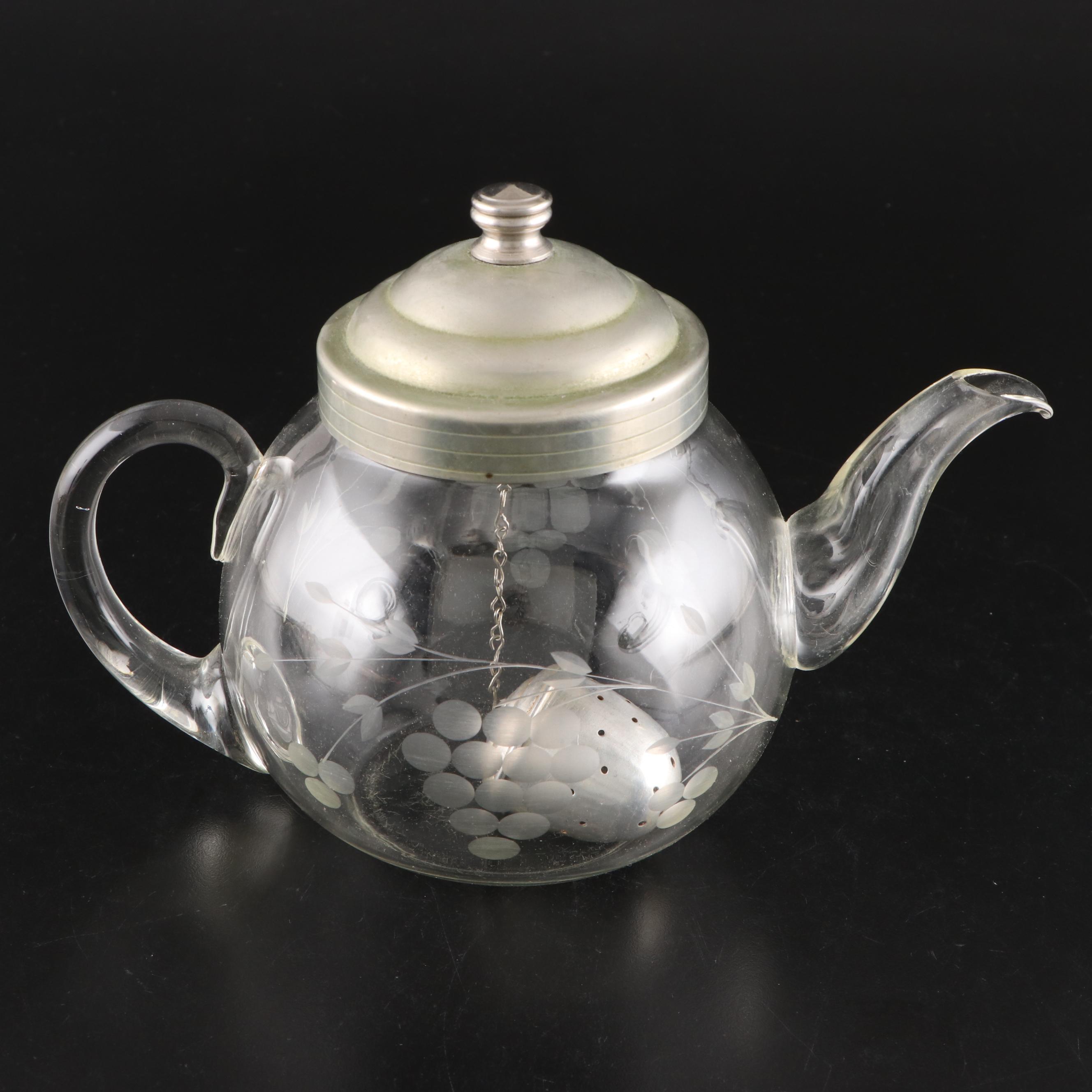Pyrex Etched Glass Teapot with Tea Strainers, 20th Century