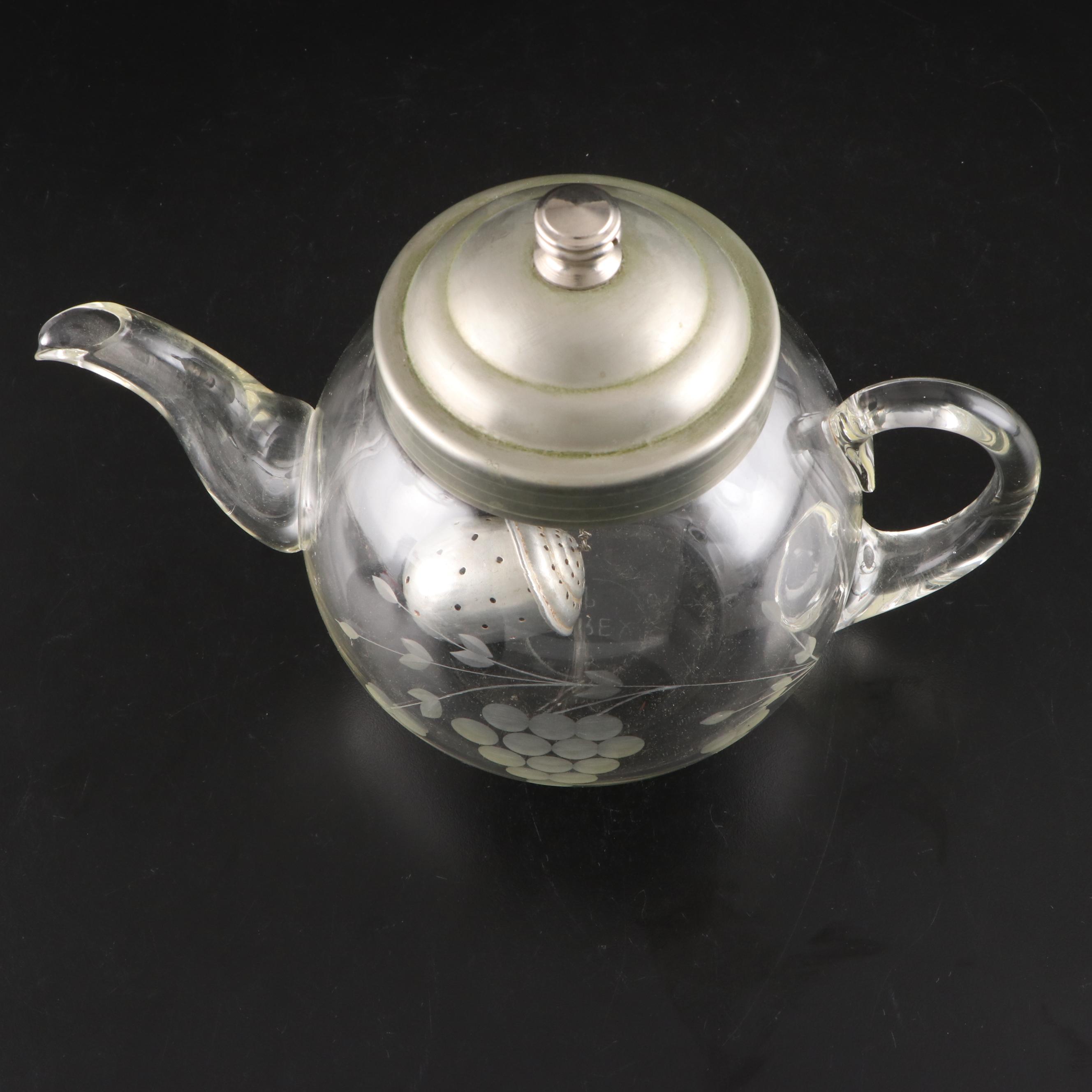Pyrex Etched Glass Teapot with Tea Strainers, 20th Century