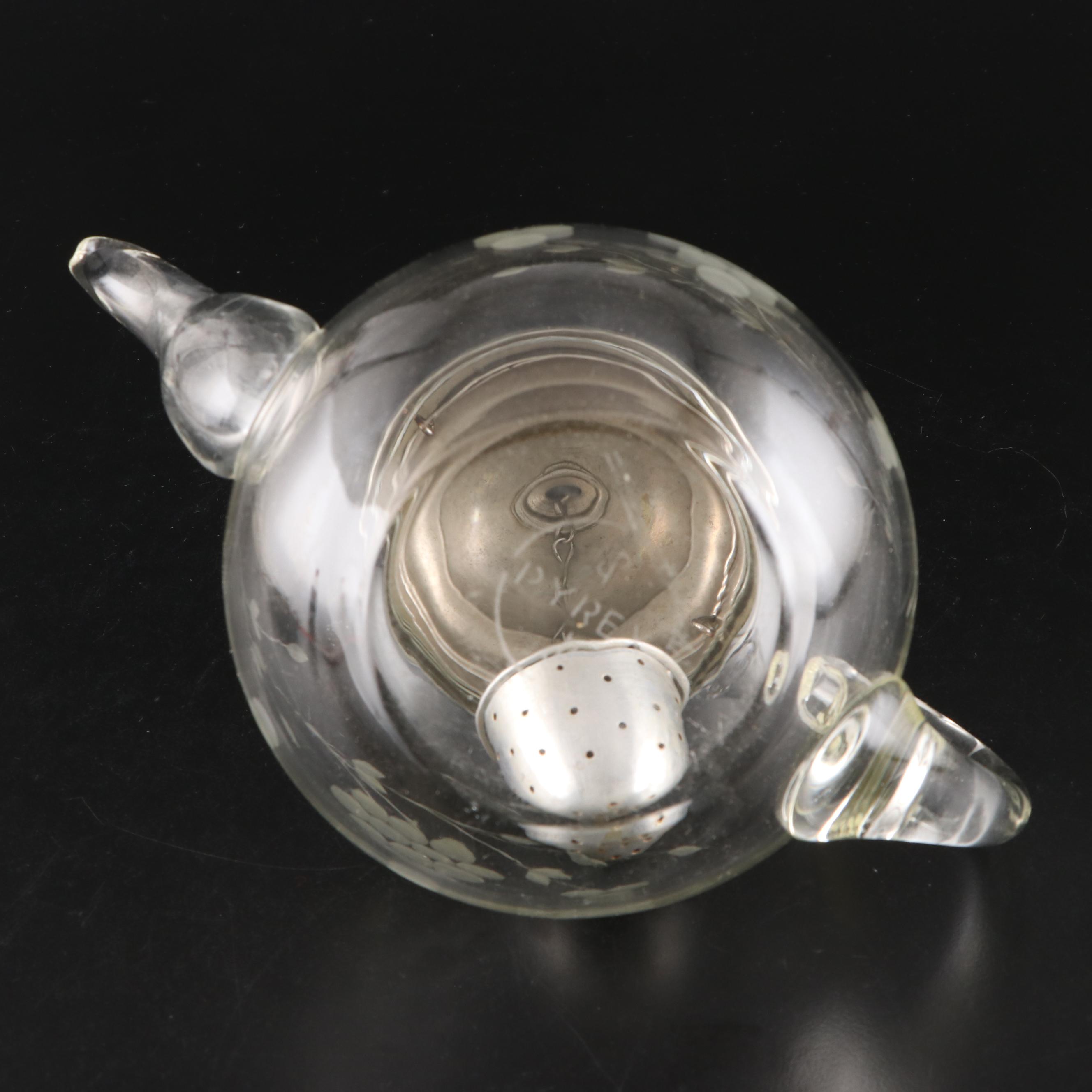 Pyrex Etched Glass Teapot with Tea Strainers, 20th Century