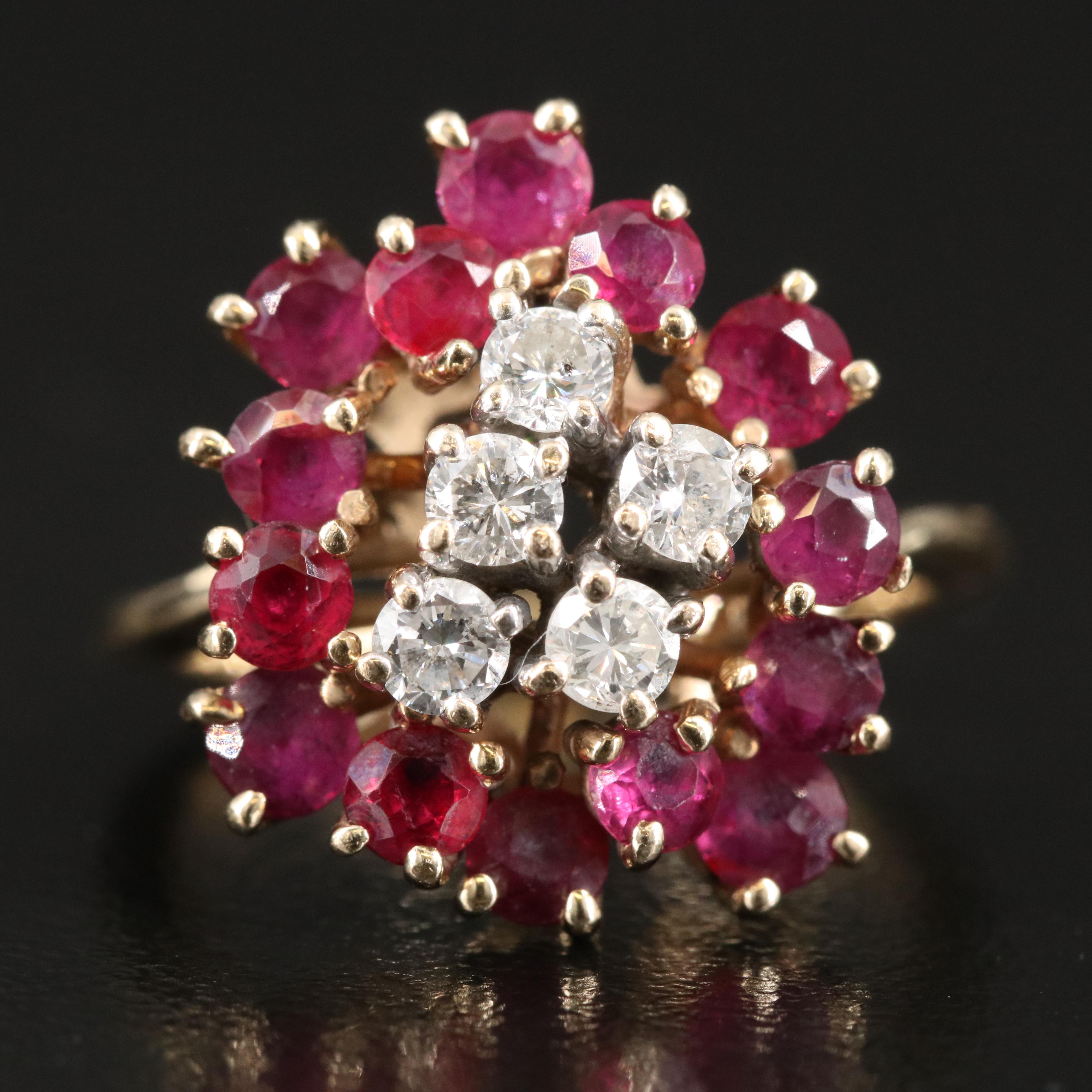 14K Diamond and Ruby Cluster Ring