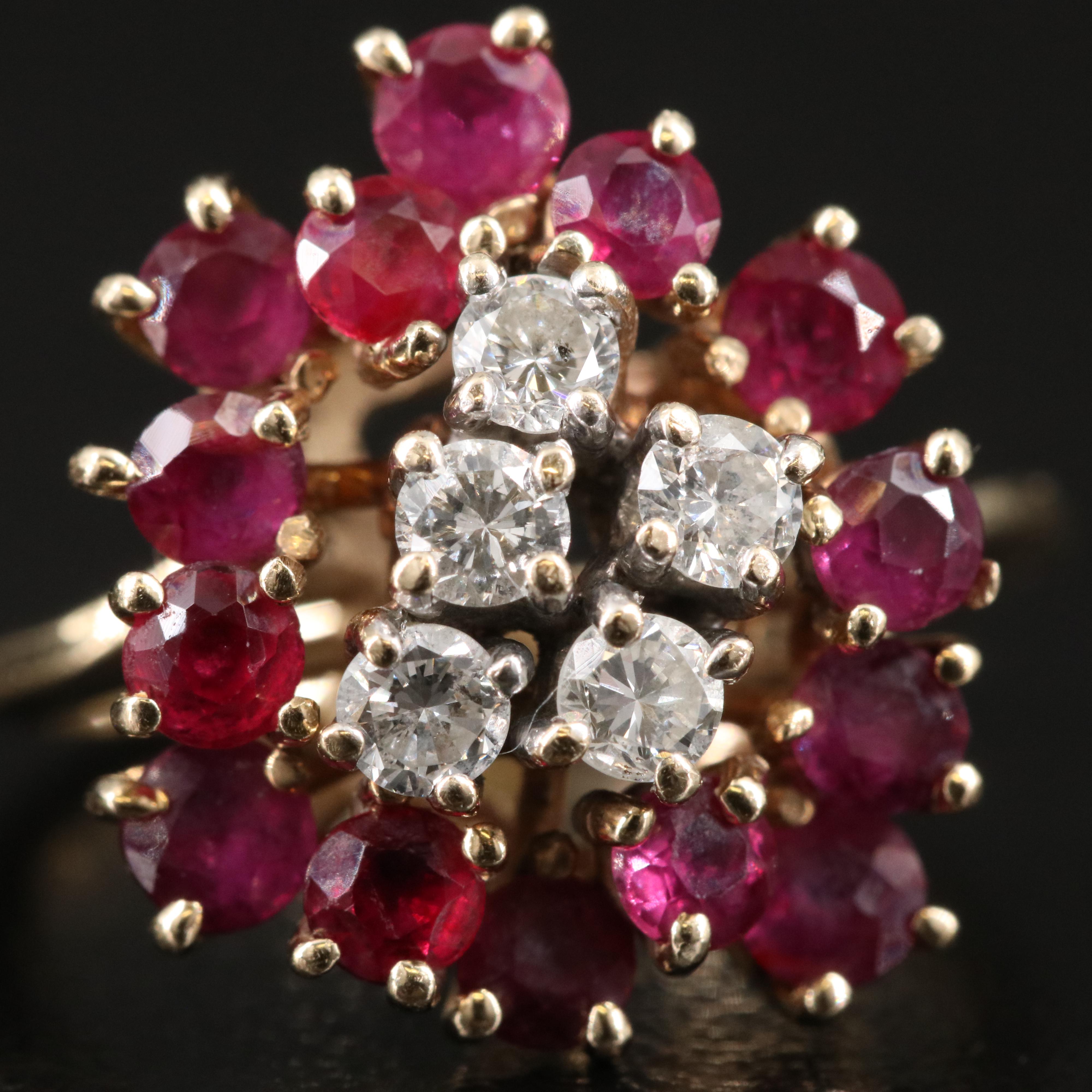 14K Diamond and Ruby Cluster Ring