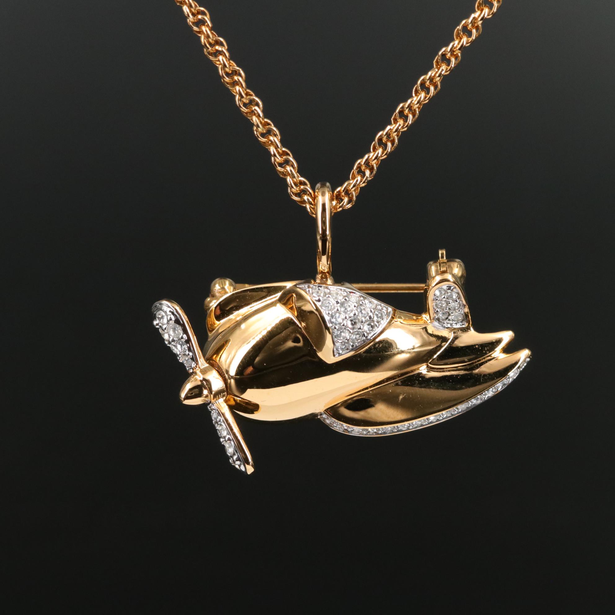 Swarovski Crystal Airplane Articulated Convertible Brooch Drop Pendant Necklace