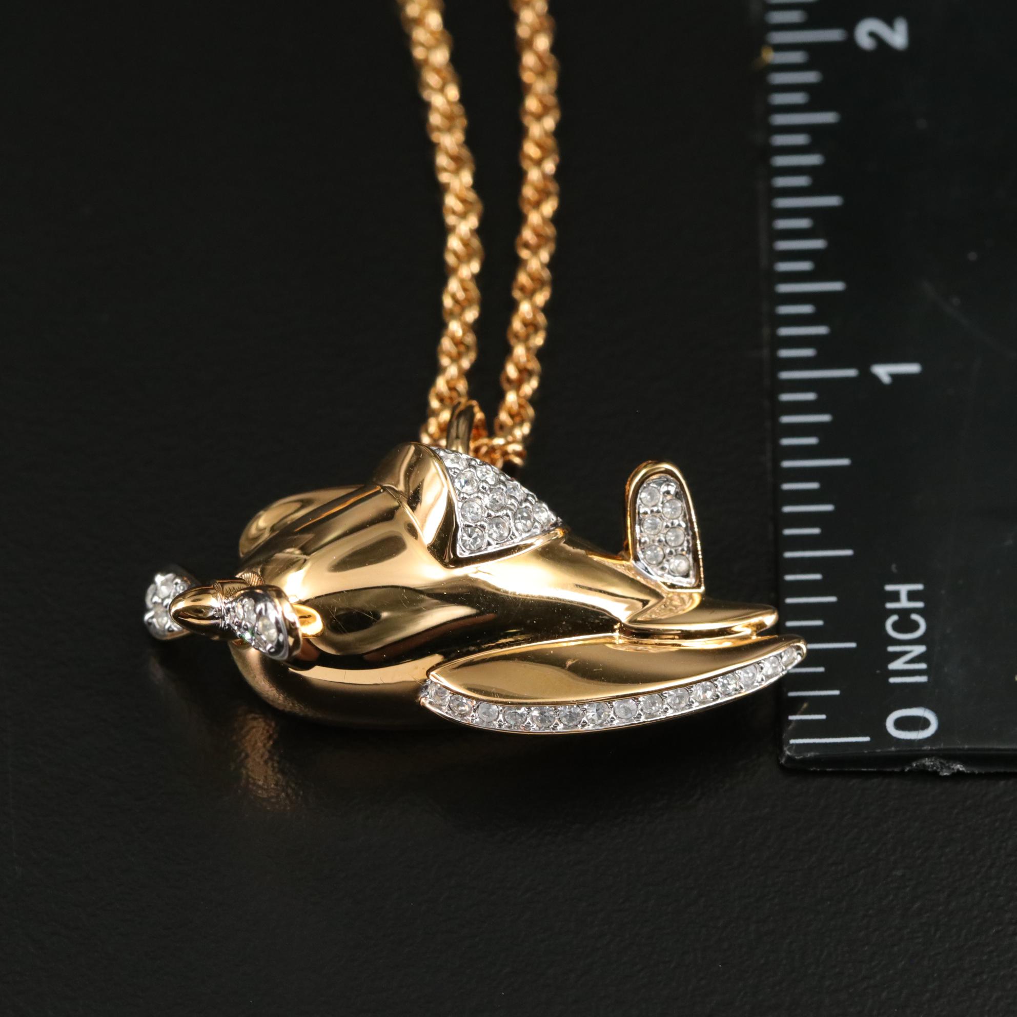 Swarovski Crystal Airplane Articulated Convertible Brooch Drop Pendant Necklace